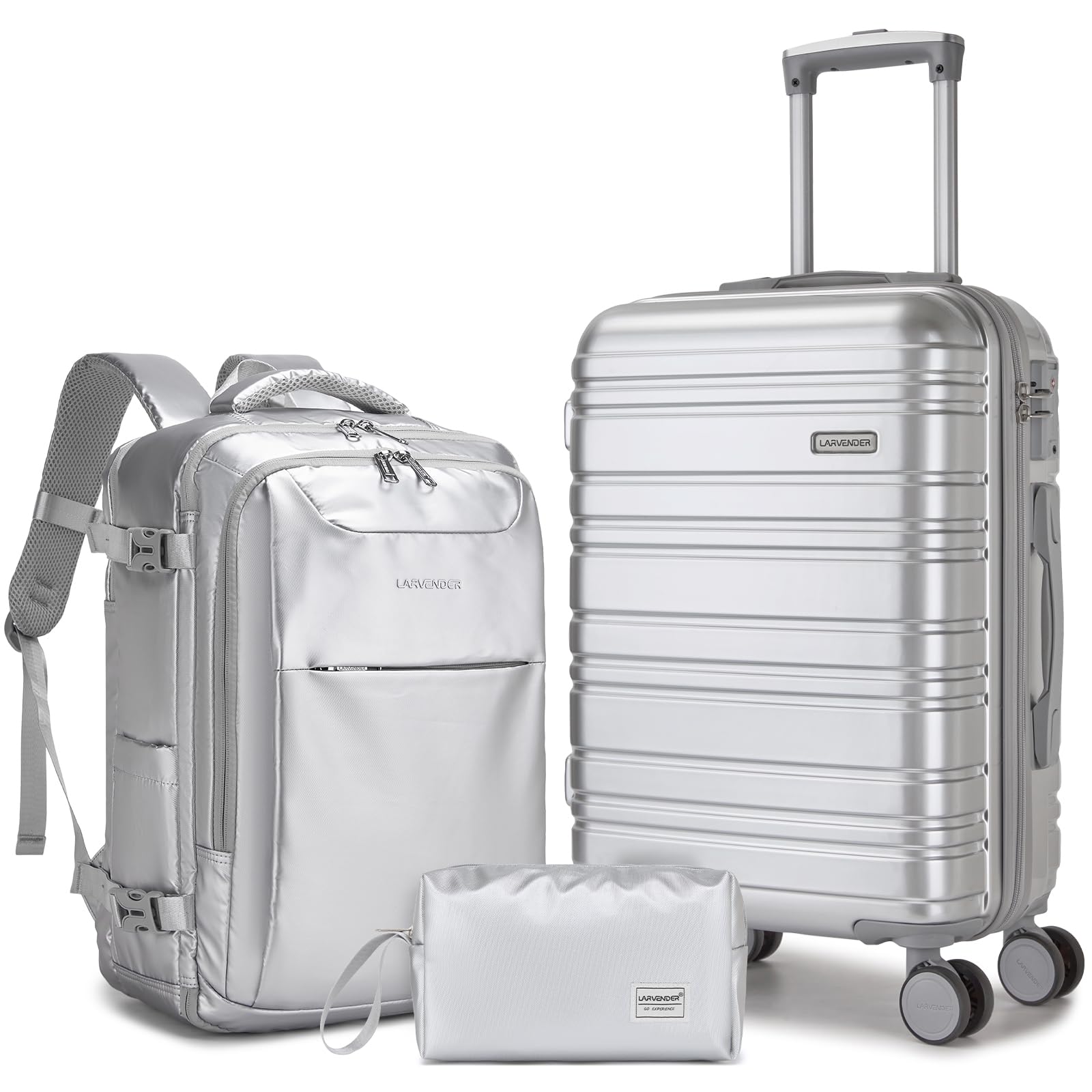 LARVENDER Carry on Luggage Sets 3 Piece, 20 Inch Suitcases, Glossy Silver