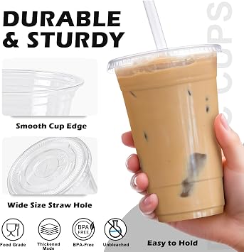 100 Pack 20 oz Plastic Cups, Clear Disposable Iced Coffee Cups | with Lids and Straws, BPA-Free Leak-Proof, Smoothies Milkshakes Juice, Sturdy Crystal Clear, Home Office Party