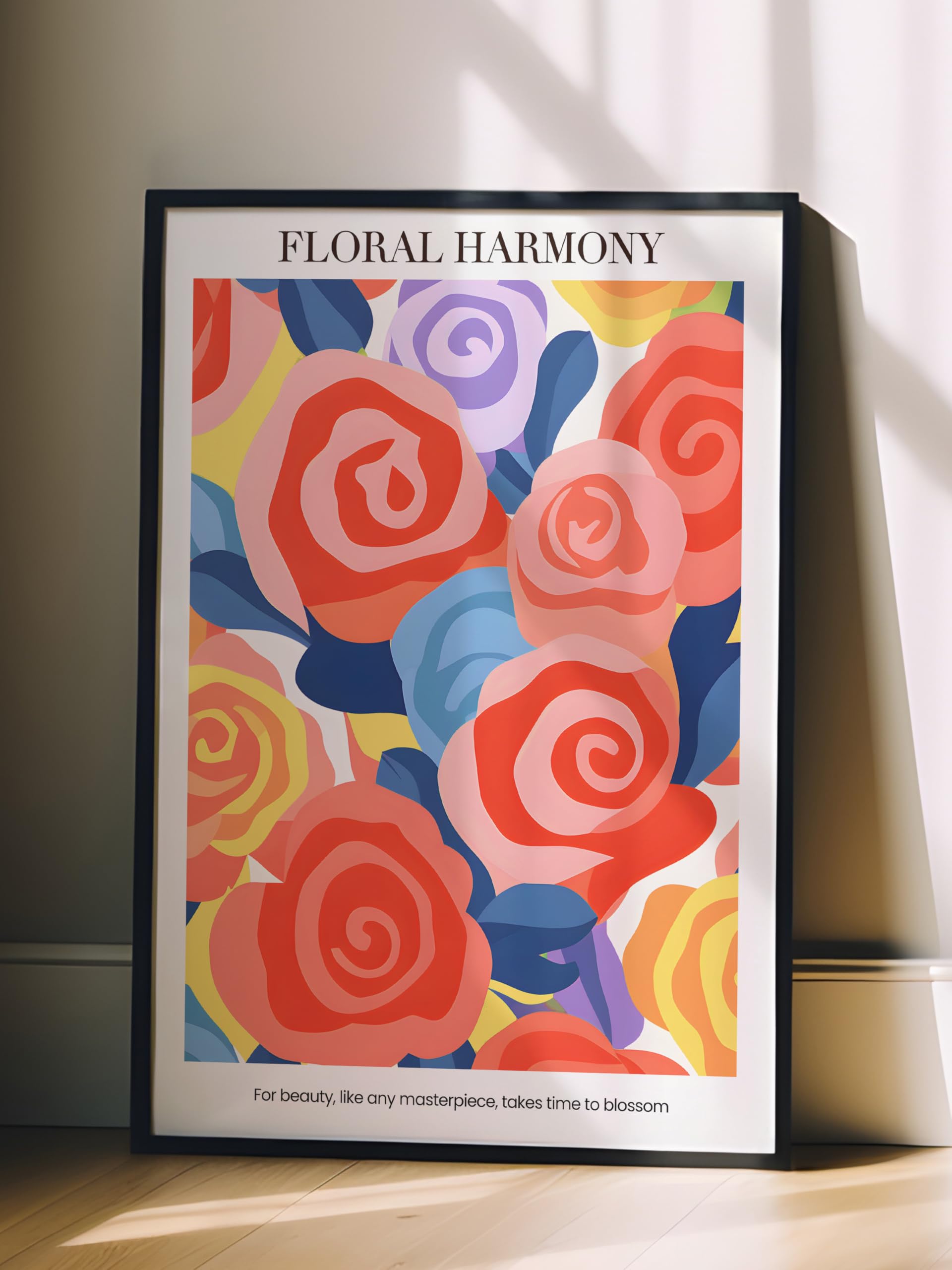 Zestia Siyah Çerçeveli Tablo, Renkli Güller, Floral Harmony Yazılı, Modern Grafik Poster No: 107615 30 x 40