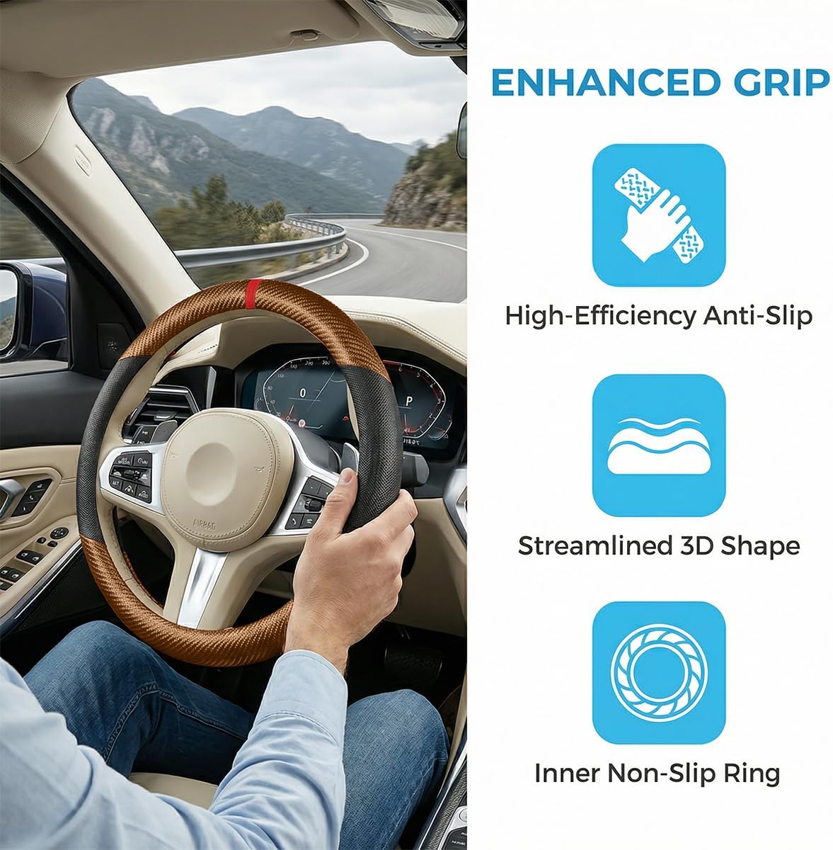 HZEL 14.5-15 Inch Steering Wheel Cover Carbon Fiber Black/Coffee image 2