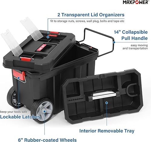 Miniatura 4 de MAXPOWER Caja de herramientas rodante con rueda, capacidad de almacenamiento de 8 galones, caja de herramientas profunda, cierres con llave, bandeja