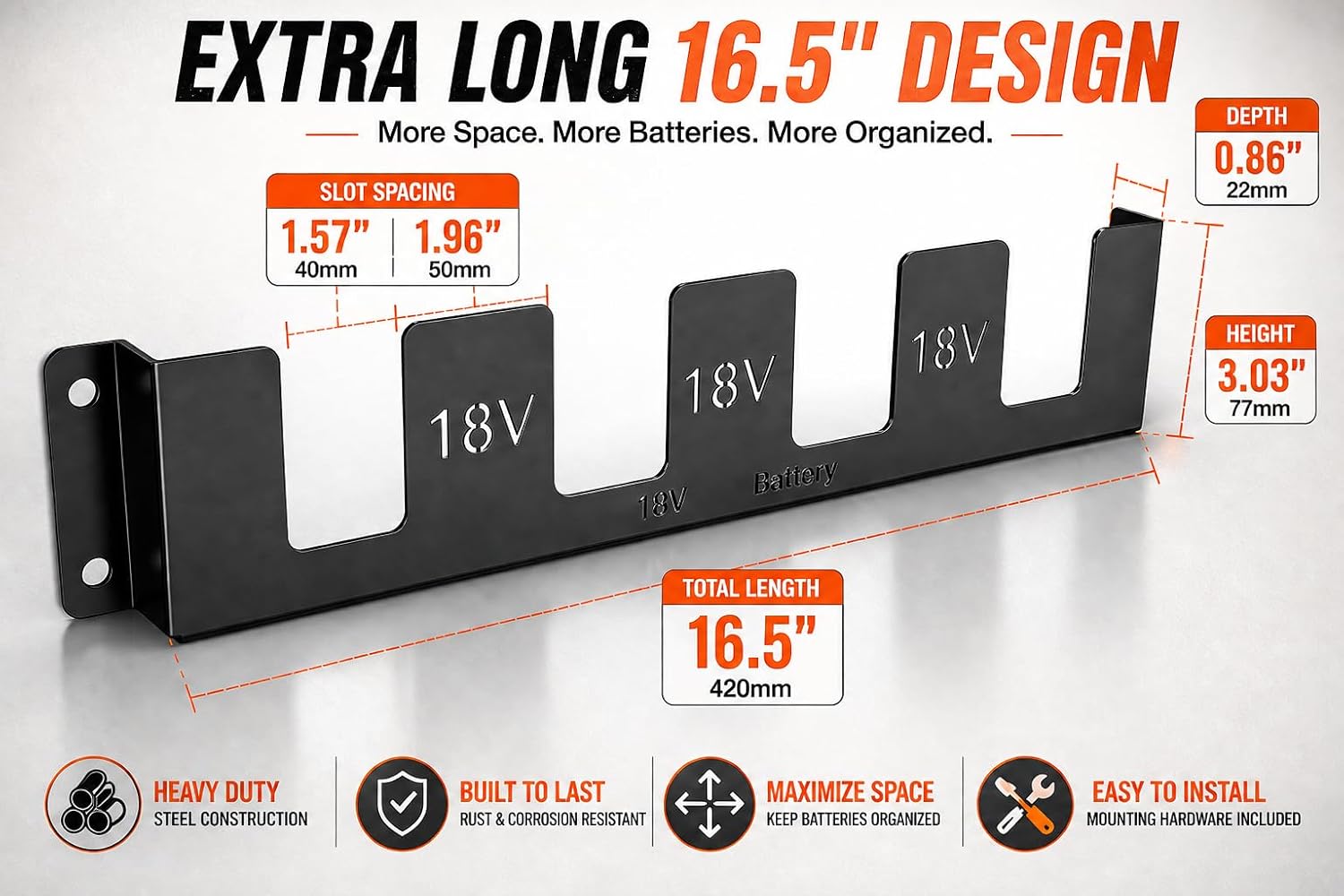 Metal Battery Holder for Milwaukee M18 & Dewalt 18V/20V,Durable Battery Wall Mount Rack for M18 18V Battery,Battery Storage with 4 Slots,Battery Mount Organizer,Black,Patented Design!!!