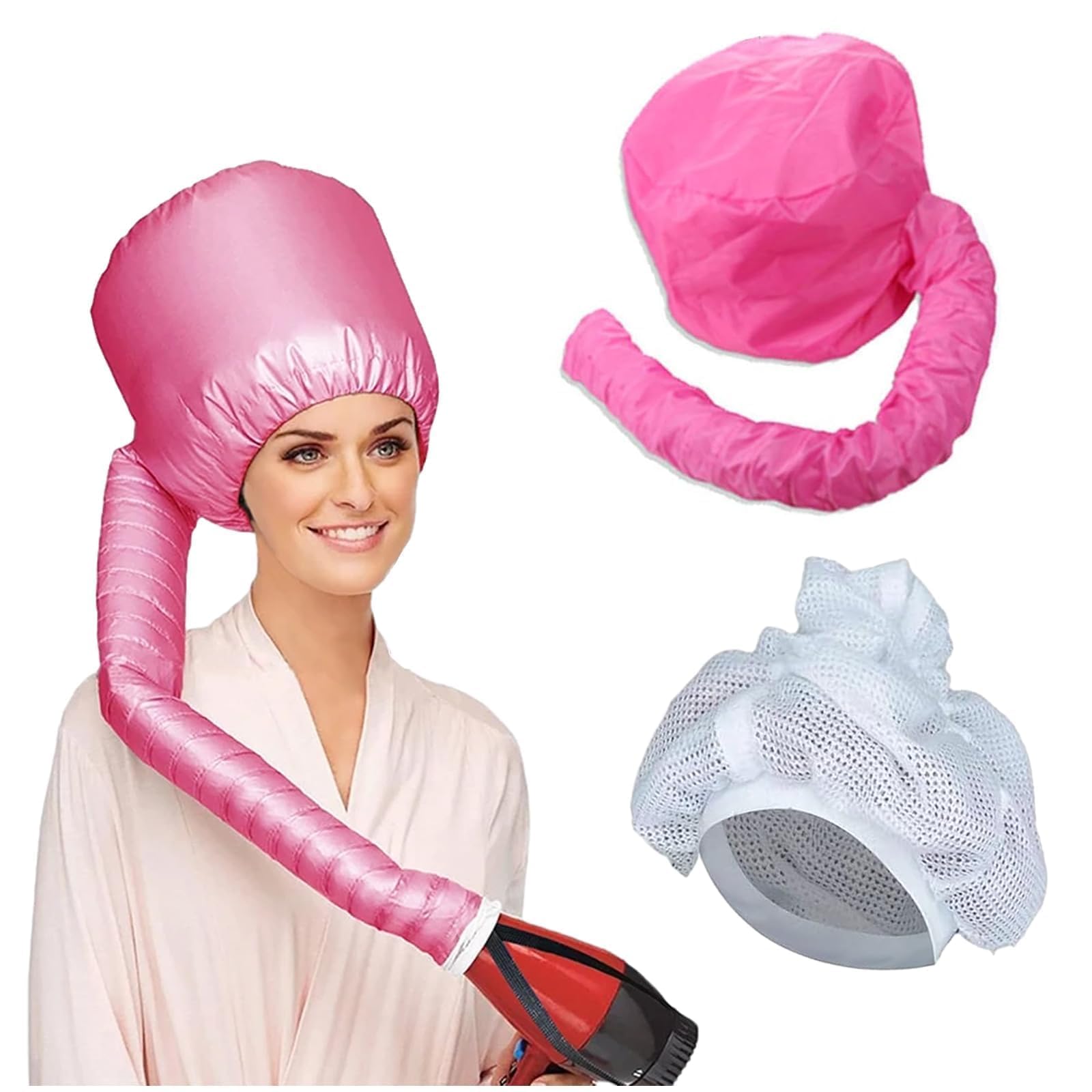 2PCS Net Plopping Cap For Drying Curly Hair,Net Plopping Bonnet Hair Cap With Drawstring,Reusable Hair Heating Cap,Adjustable Dryer Bonnet Gift for Women Girls (White+Pink)