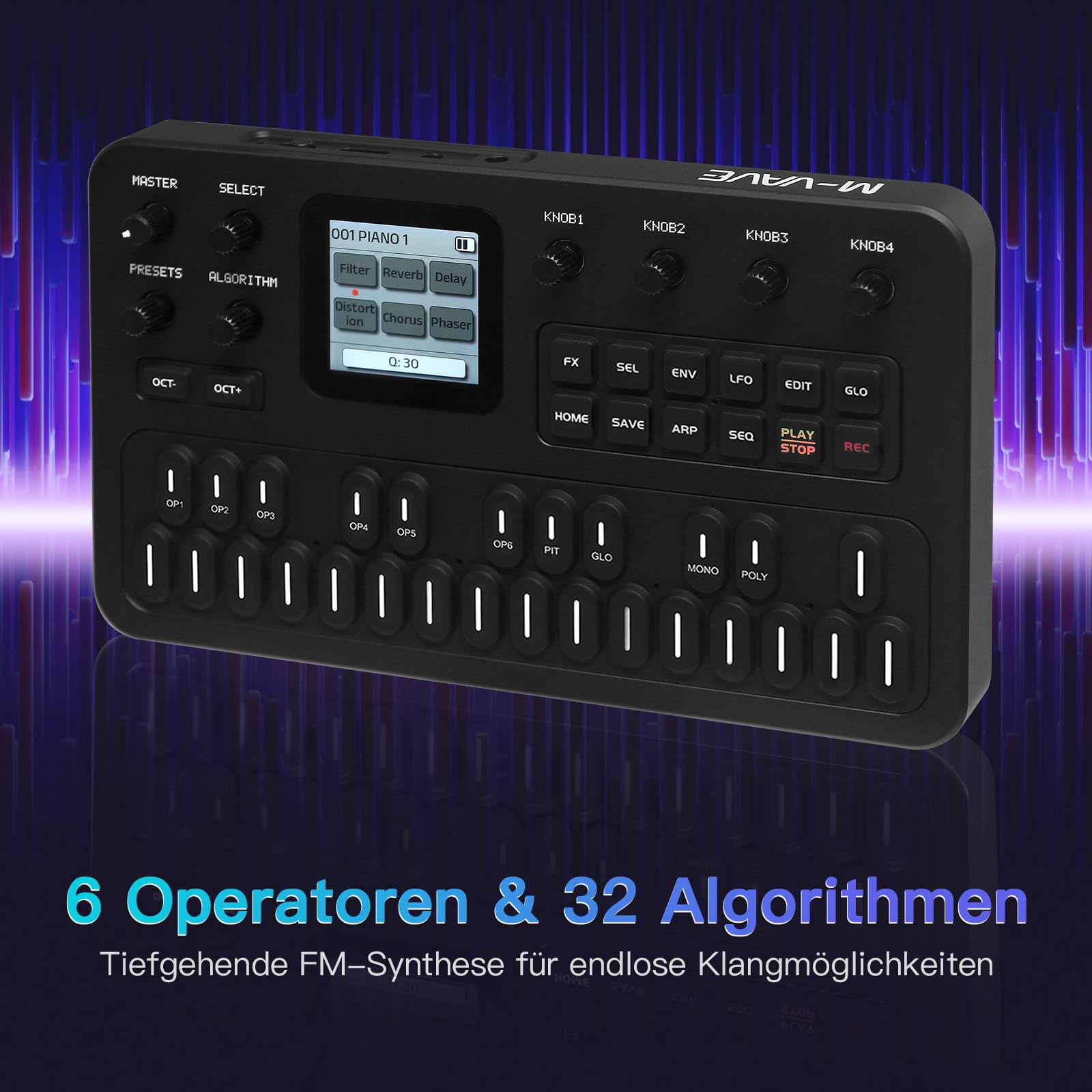 M-VAVE Synthétiseur FM portable avec 6 opérateurs, 32 algorithmes, 128 sons préréglés, clavier en silicone à 27 touches, 3 canaux MIDI, haut-parleur intégré, pour la création de musique