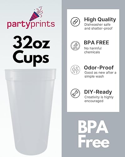 Miniatura 10 de PartyPrints Paquete de 10 vasos de plástico en blanco reutilizables de 32 onzas  Copas de estadio a granel  Vasos de fiesta extra grandes sin BPA