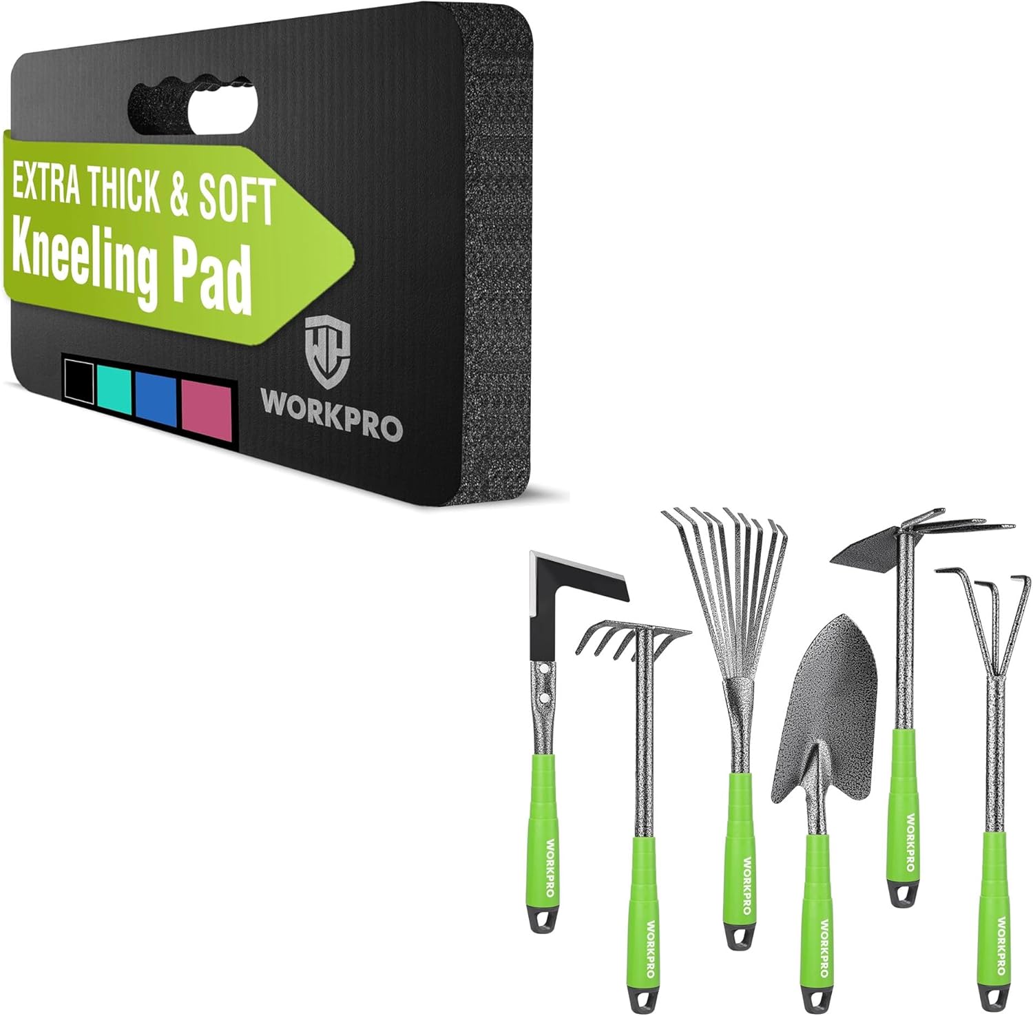 WORKPRO Extra Thick Kneeling Pad and 6-Piece Garden Tool Set, Heavy Duty Gardening Hand Tools with Soft Rubber Handle