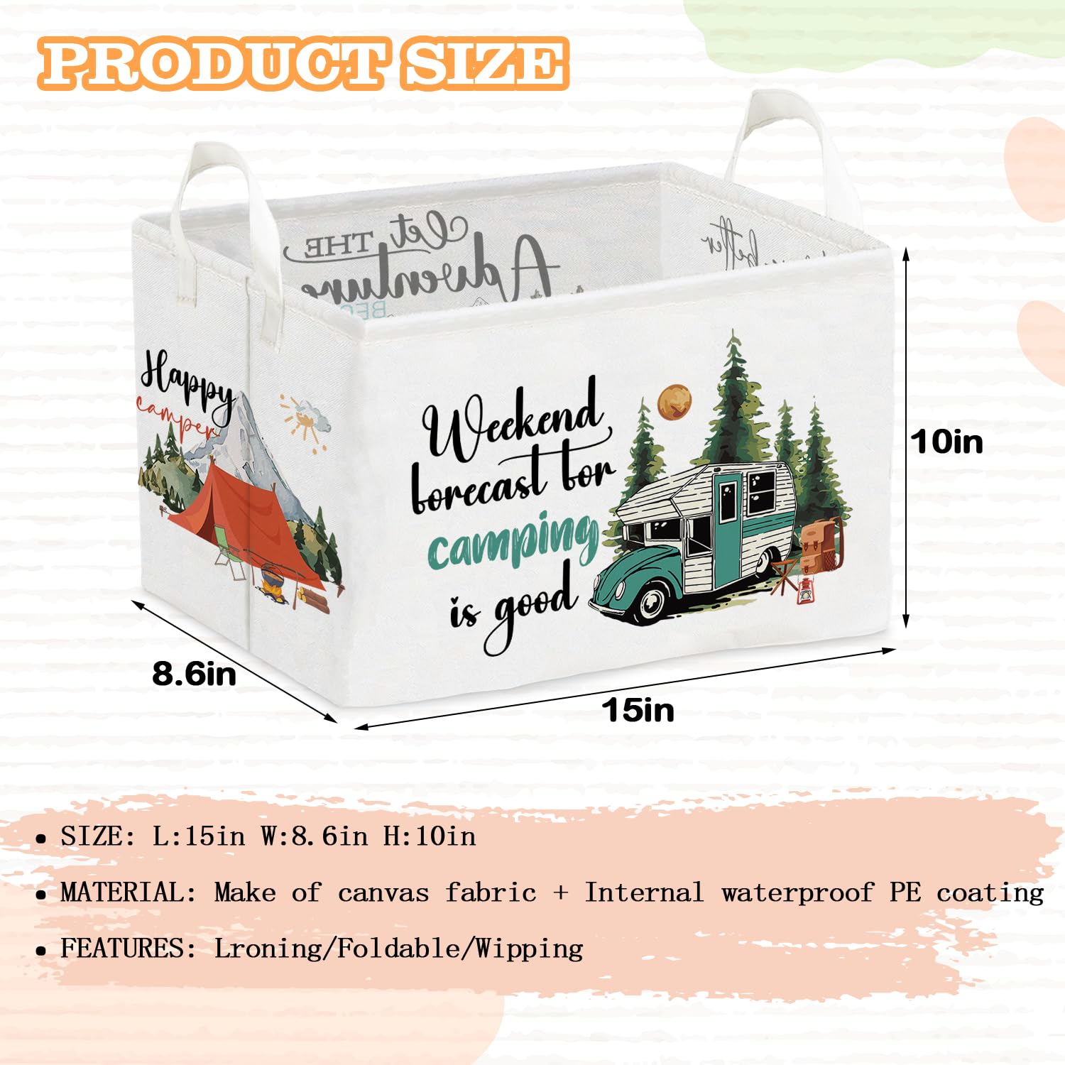 Camping Theme Toy Box, Toy Gift Bins Organizer for Boys Girls, Storage Bins with Handles, Rectangular Storage Basket- Happy Camper- Foldable Versatile Baby Kids Bin for Room Decor, Baskets Kids