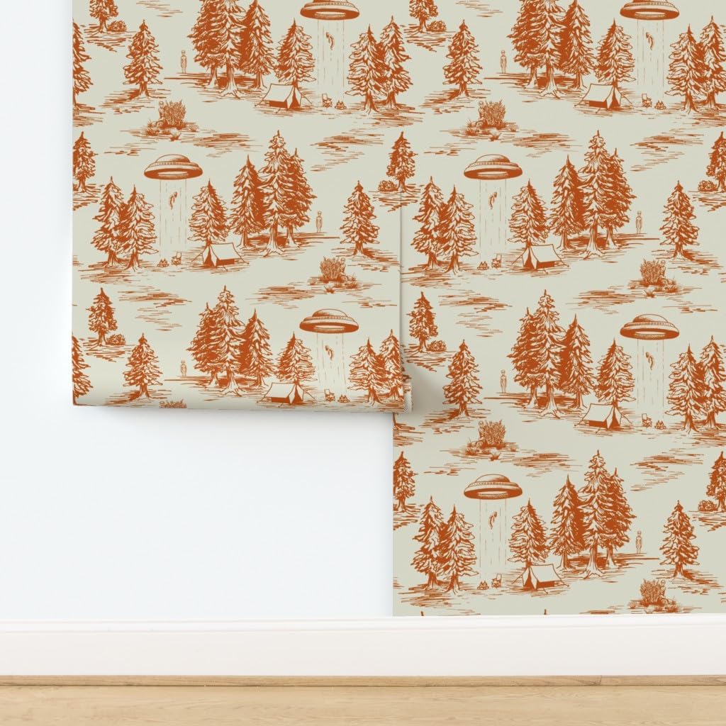 Spoonflower Removable Wallpaper 9ft x 2ft - UFO Alien Abduction Orange Novelty Funny Toile Large Scale Custom Pre-Pasted Wallpaper