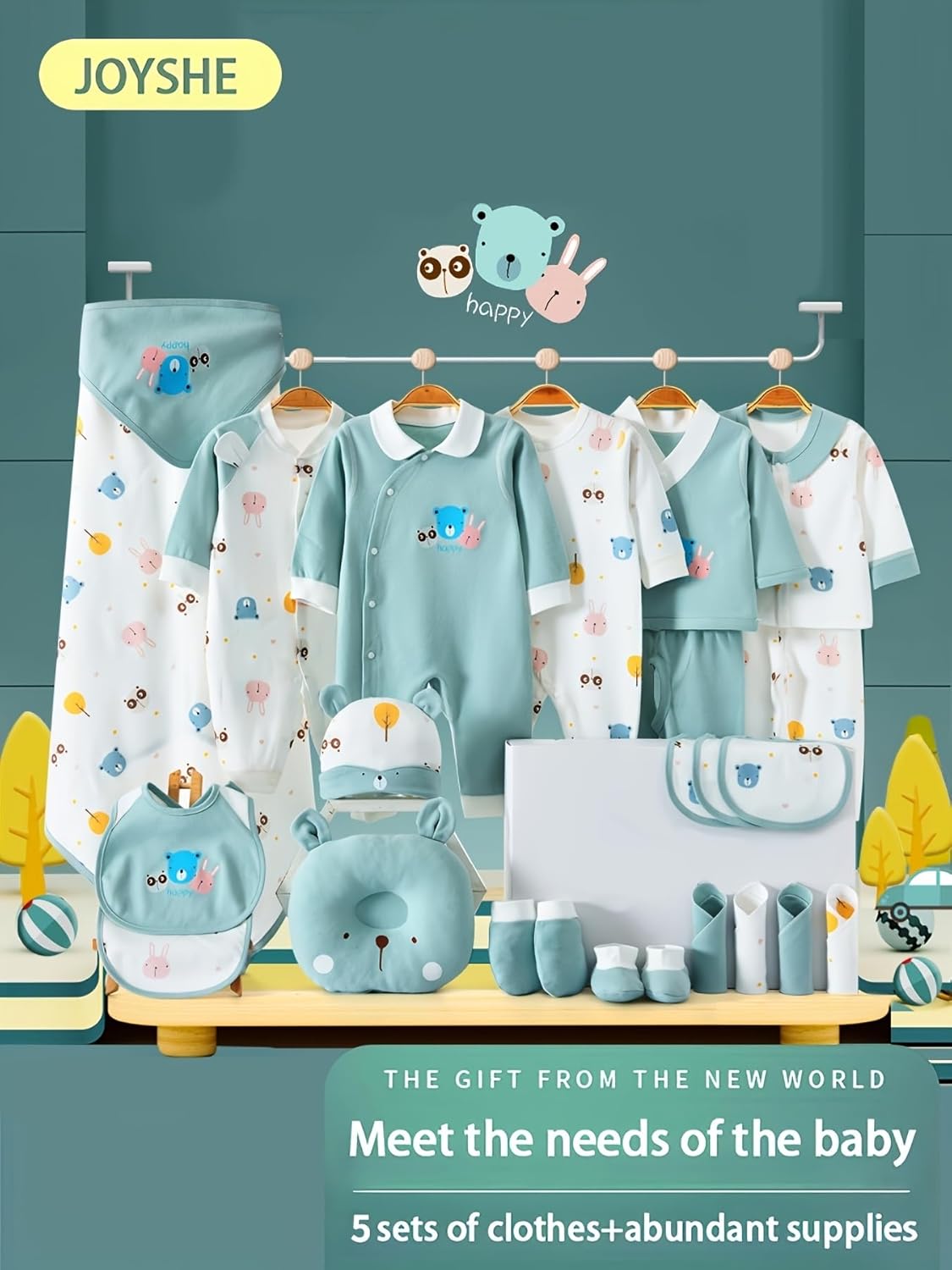 Joyshe 27-Piece Baby Boy Clothes Set, 100% Cotton Newborn Essentials Layette Outfit, Soft Breathable, Mint Green - Image 2
