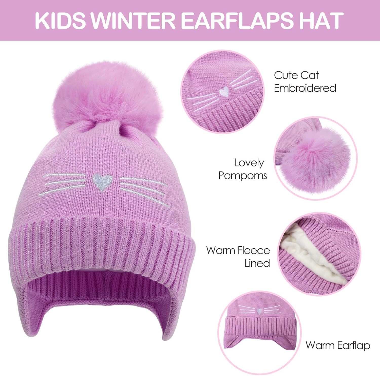 Girls Winter Hat and Gloves Set, Kids Cat Knit Beanie with Earflaps