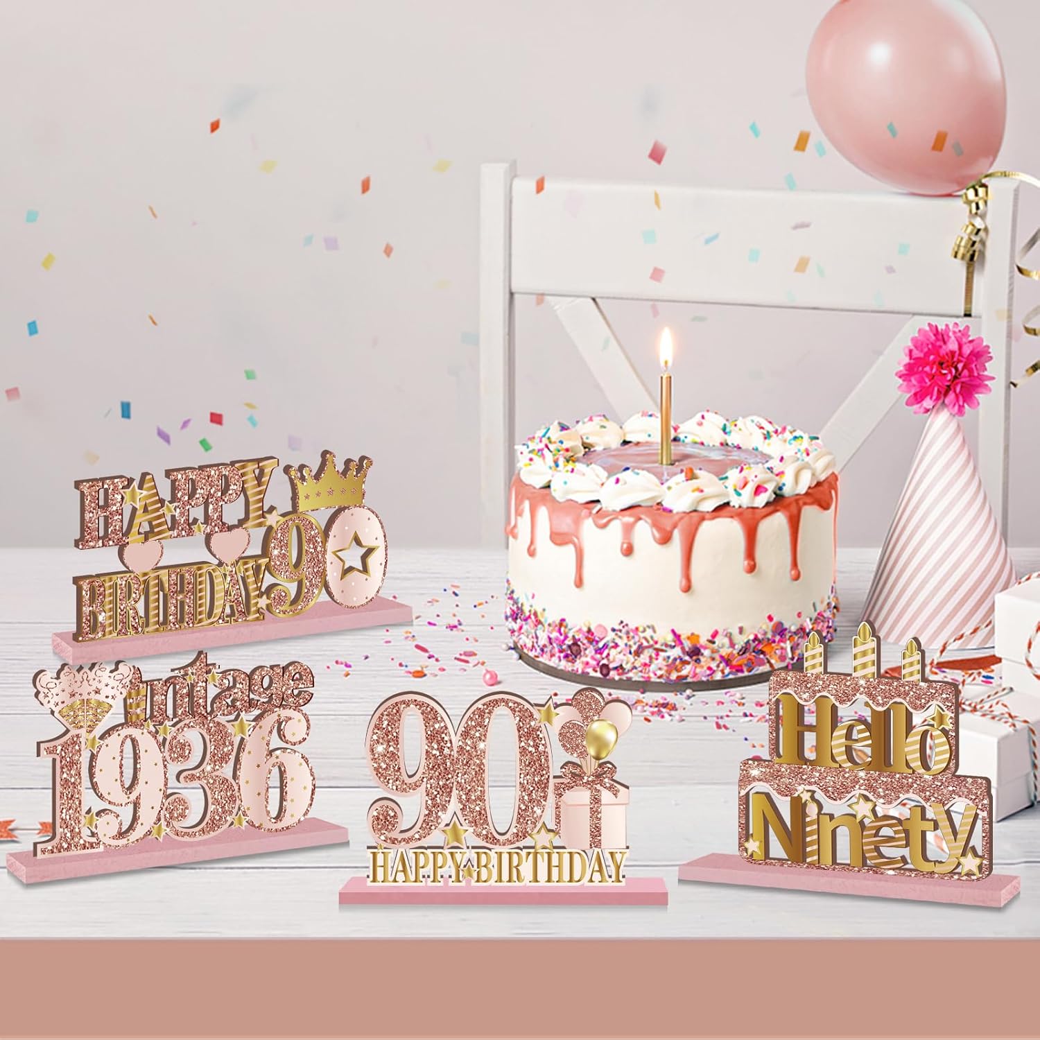 4 Pieces 90th Birthday Decorations Wooden Vintage 1936 Table Centerpieces for Women, Pink Rose Gold Cheers to 90 Years Table Sign Party Supplies, Hello 90 Years Old Bday Table Decor - Image 3