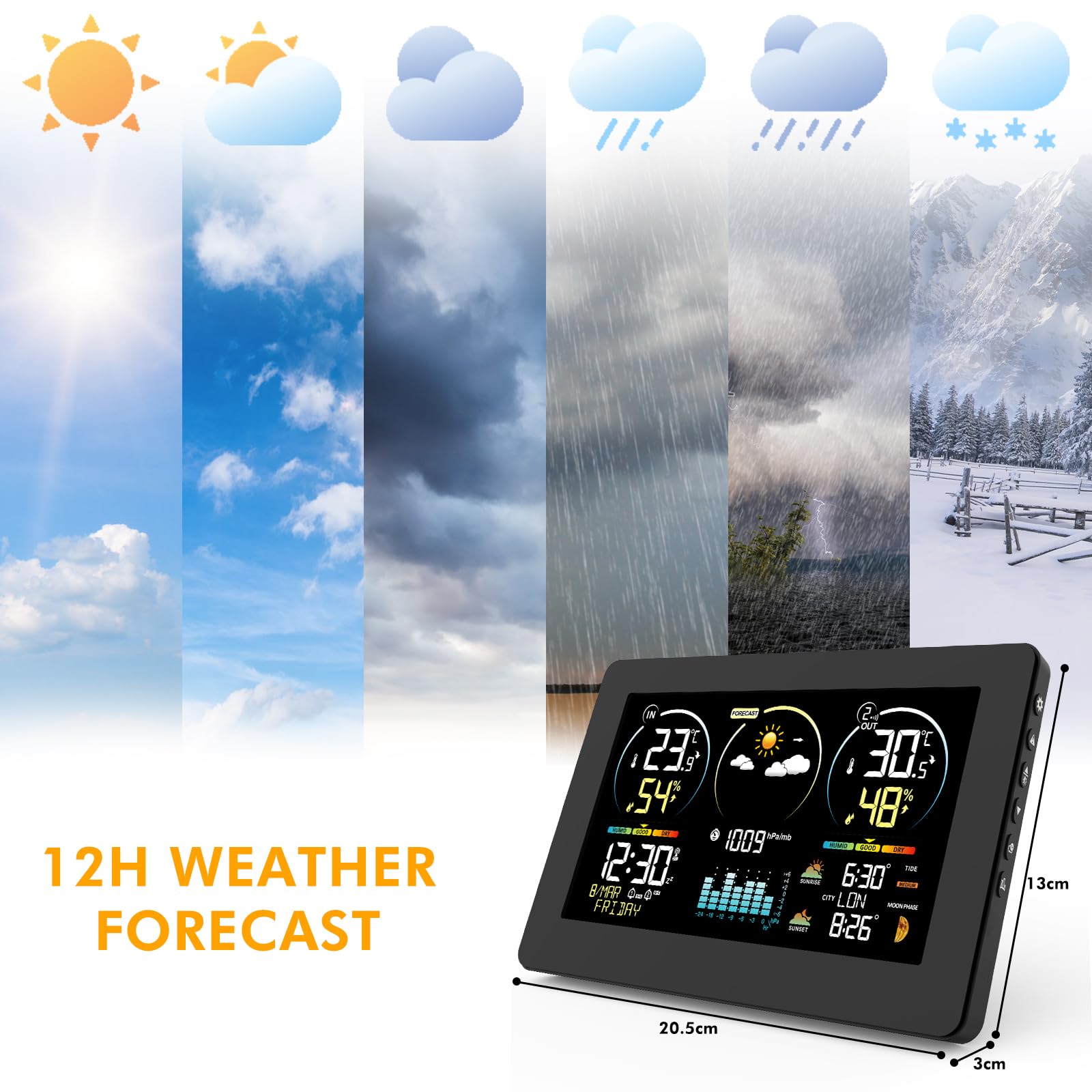 Stazione Meteo con Sensore Esterno, Termometro Digitale Senza Fili con Display a Colori, Monitor di Temperatura e Umidità, Previsioni del Tempo con Retroilluminazione Regolabile e Calendario, Nero