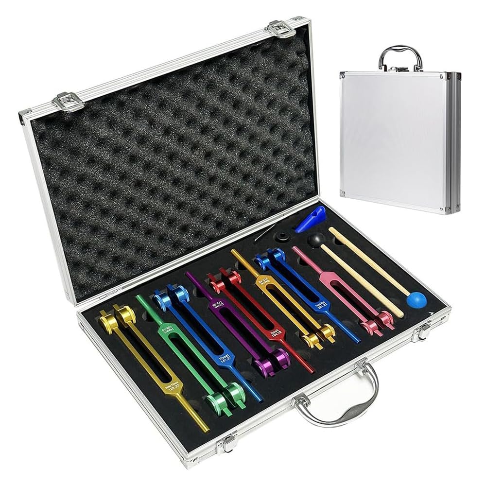 NEWFUN Diapason,Diapason Neurologico,Set di 8 pezzi con base + 1 martelli in silicone e panno per la pulizia, ideale per la terapia, per la terapia dei chakra, la terapia del suono, l'antistress