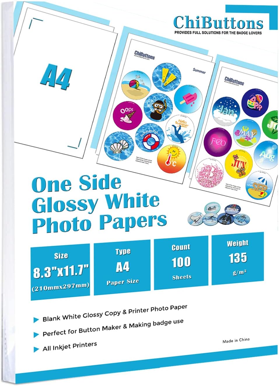 ChiButtons One Side Glossy Photo Paper A4 (135g) (Specially for button maker use)