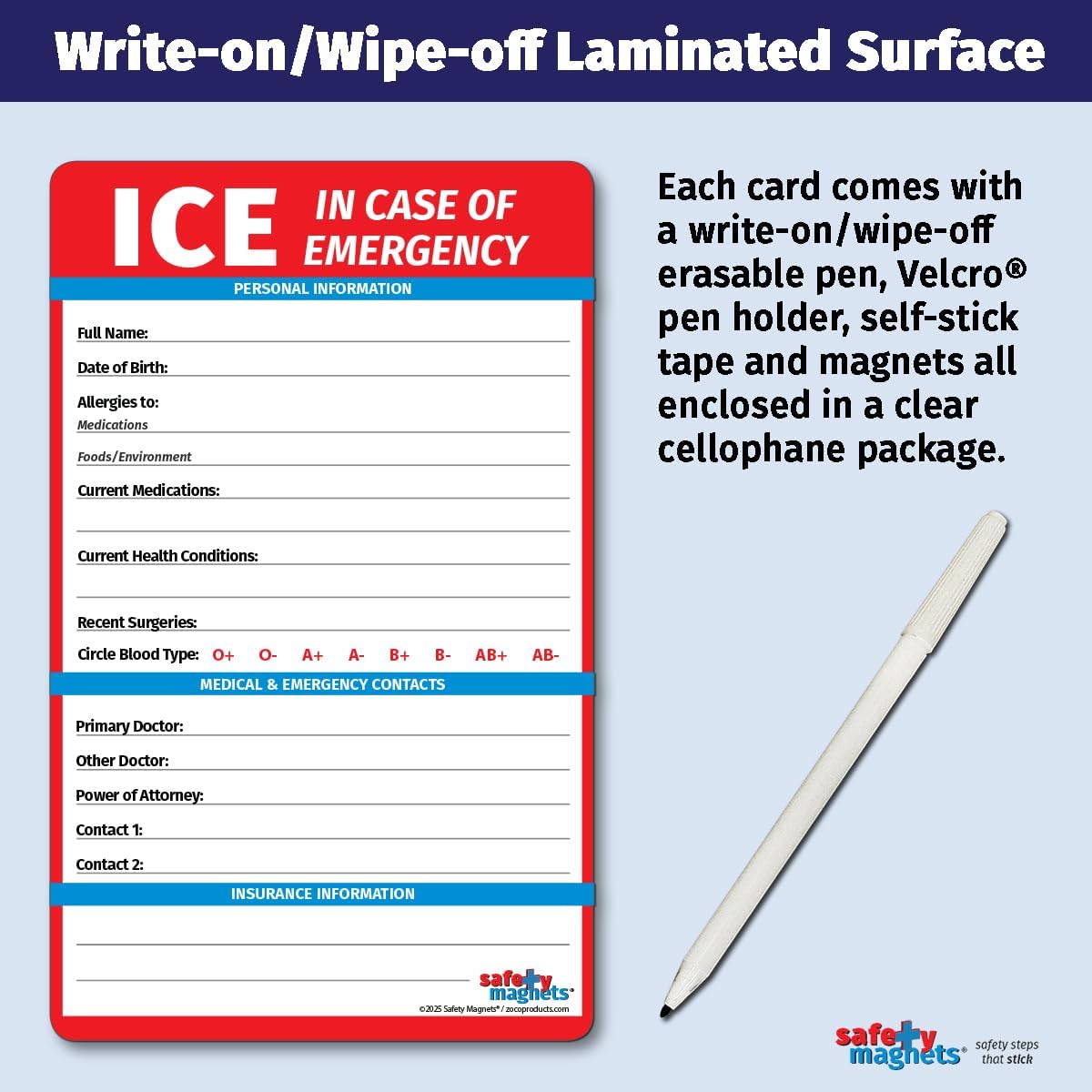 Safety Magnets by ZOCO – in Case of Emergency (ICE) Contact Magnet for Seniors – File of Life Medical Information Card for Fridge – 5.25"x8.5" Laminated Emergency Reference with Marker