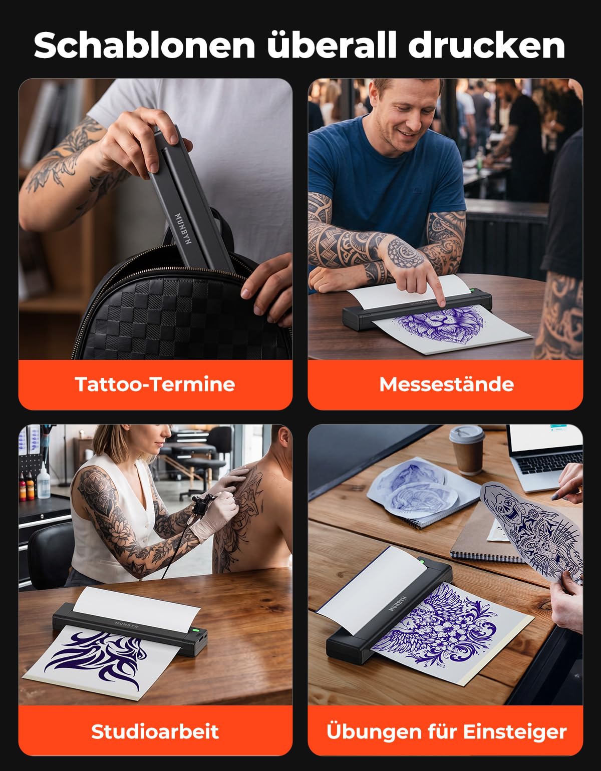 MUNBYN ITP05S Tattoo Drucker Bluetooth, Stencil Drucker, Tattoo Printer Thermodrucker mit 10 Blatt A4 Transferpapier, kompatibel mit Android, iOS, macOS und Windows, Schwarz