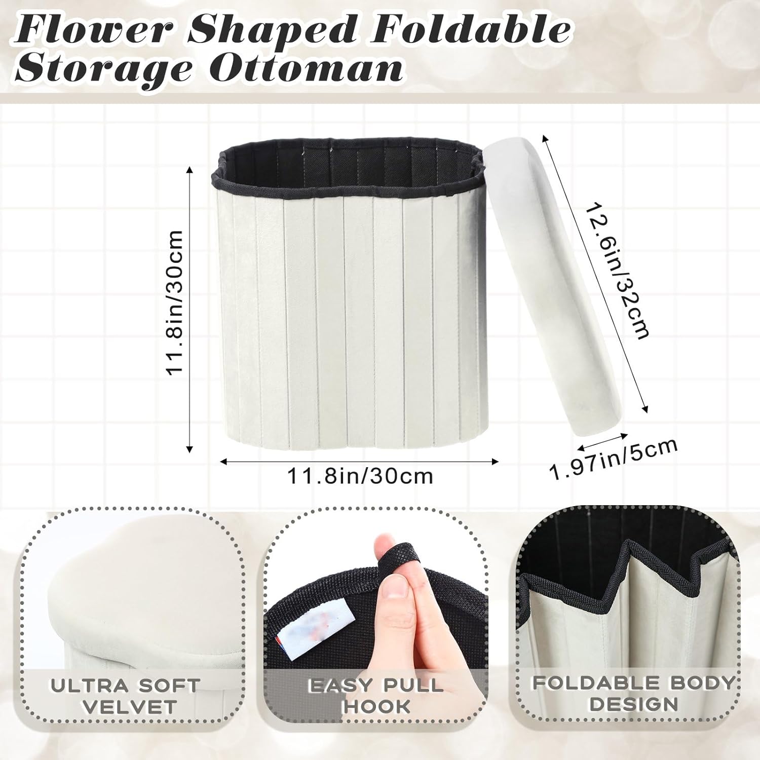 2 Pcs Storage Ottoman Flower Shaped Foot Stools Foldable Velvet Storage Box Footrest Small Ottoman Seat with Folding Vanity Stool for Dorm Home 12. 6 x 12. 6 x 12. 6 Inch(White)