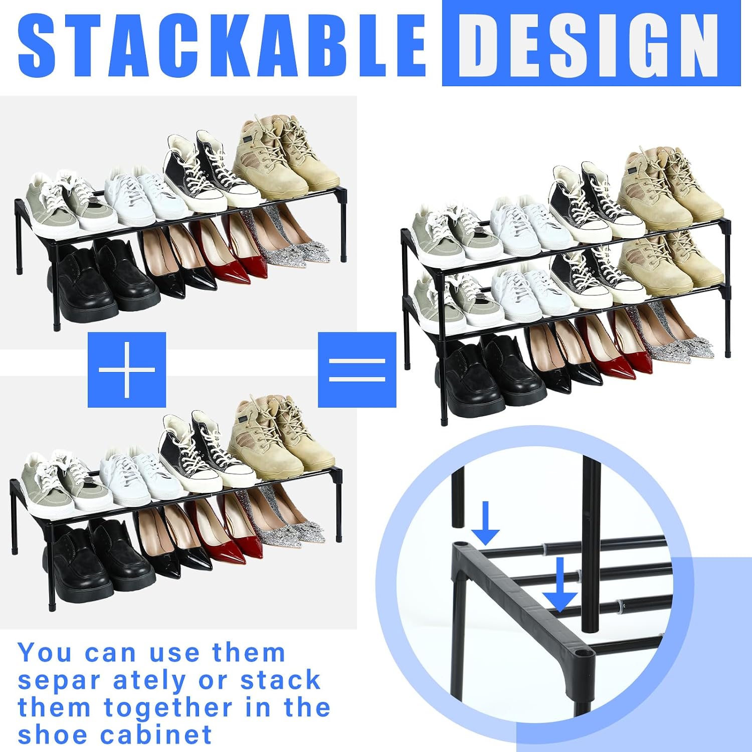 Teenyyou 2 Pcs Expandable Shoe Rack 17 ''-30 '' Adjustable Shoe Shelf Metal 1 Tier Rack Black Stackable Organizer for Cabinet Entryway Closet Doorway Front Door Small Space Dorm Room Storage