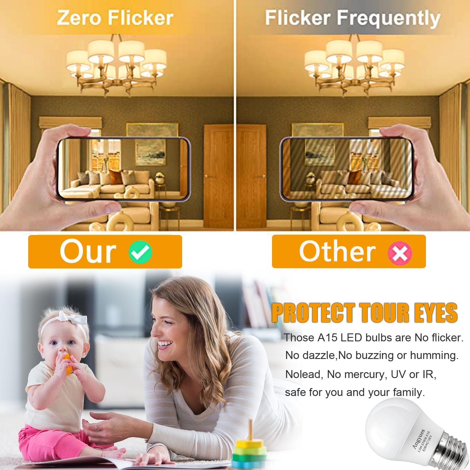 15W Light Bulb Equivalent A15 15 Watt Light Bulbs 2700K Soft White 120V E26 1 5W LED Bulb — view 4