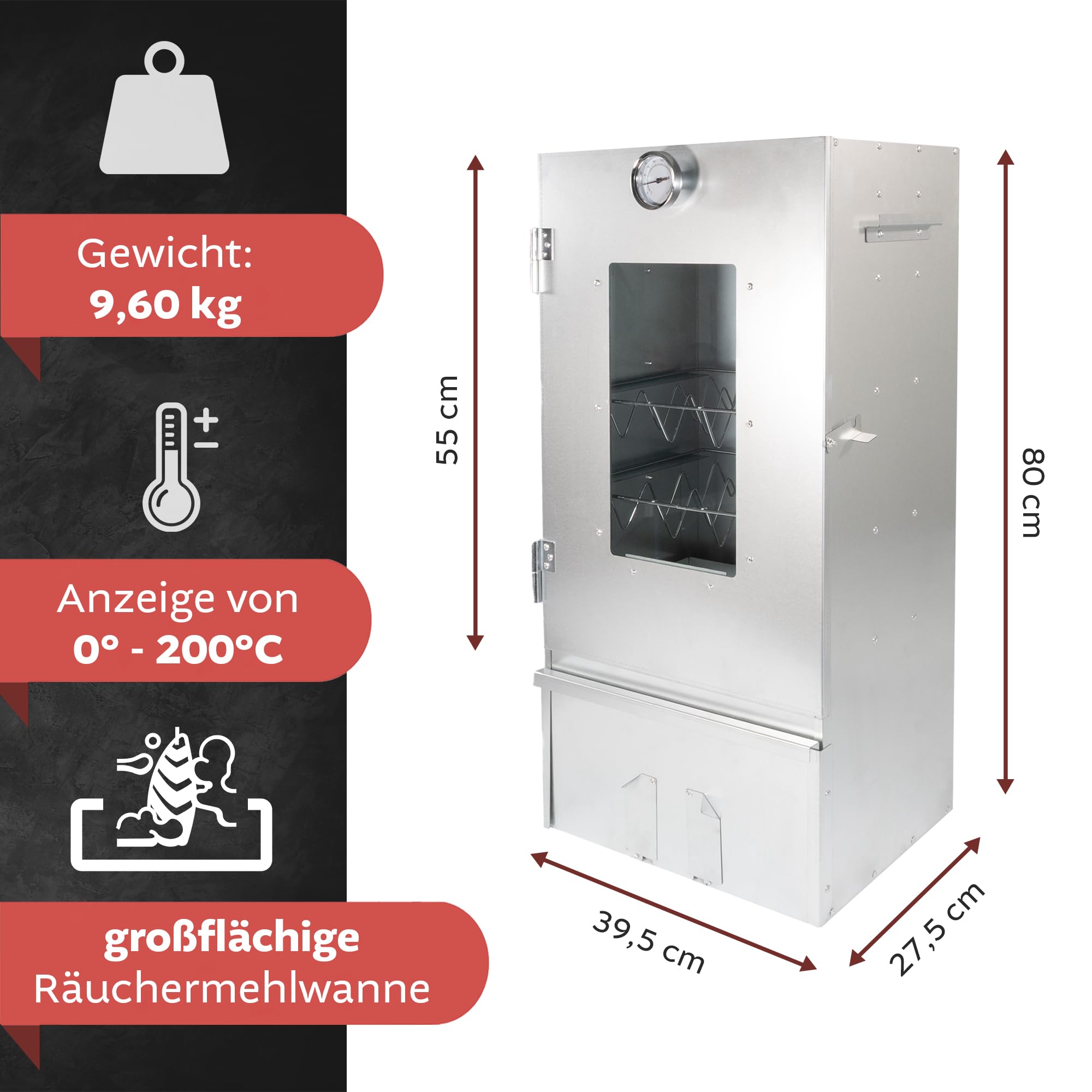 LEMODO Räucherofen 80x39,5x27,5 cm mit umfangreichem Zubehör, Räucherschrank und Heizspirale, Kalträucherofen mit großer Räucherkammer, Tischräucherofen (Smoker Edelstahl 80cm+Heizspirale)
