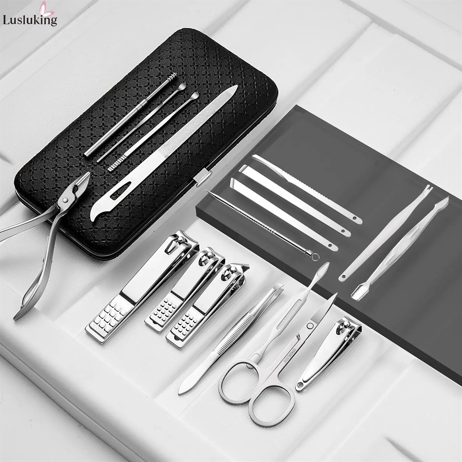 Zestaw narzędzi do manicure 9/16/19 sztuk zestaw do manicure czarny obcinacz do paznokci ze stali nierdzewnej szczypce do skórek Pedicure profesjonalne narzędzie pielęgnacyjne zestaw do czyszczenia i