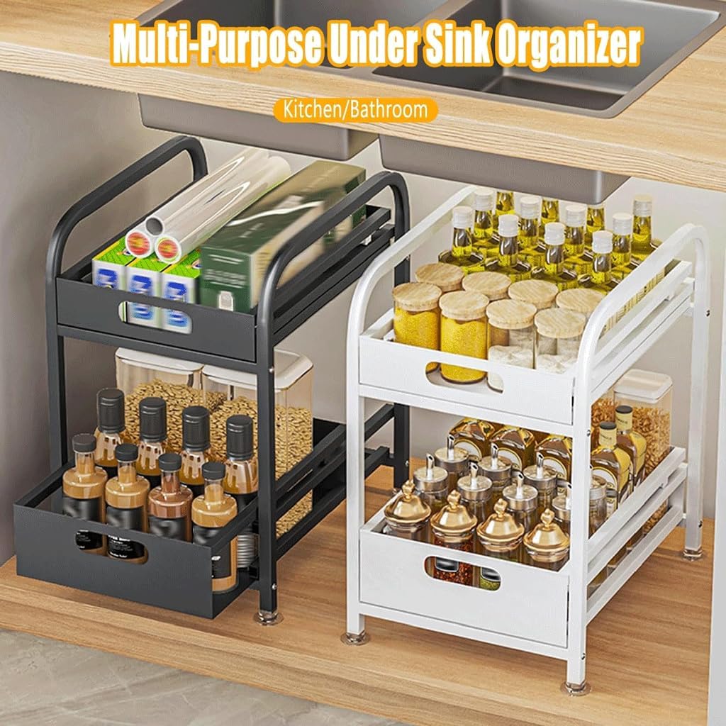 Kitchen Sink Pull Out Storage Rack Orga with Carbon Steel Cabinet Drawer Storage Box for Layered Storage，A，A