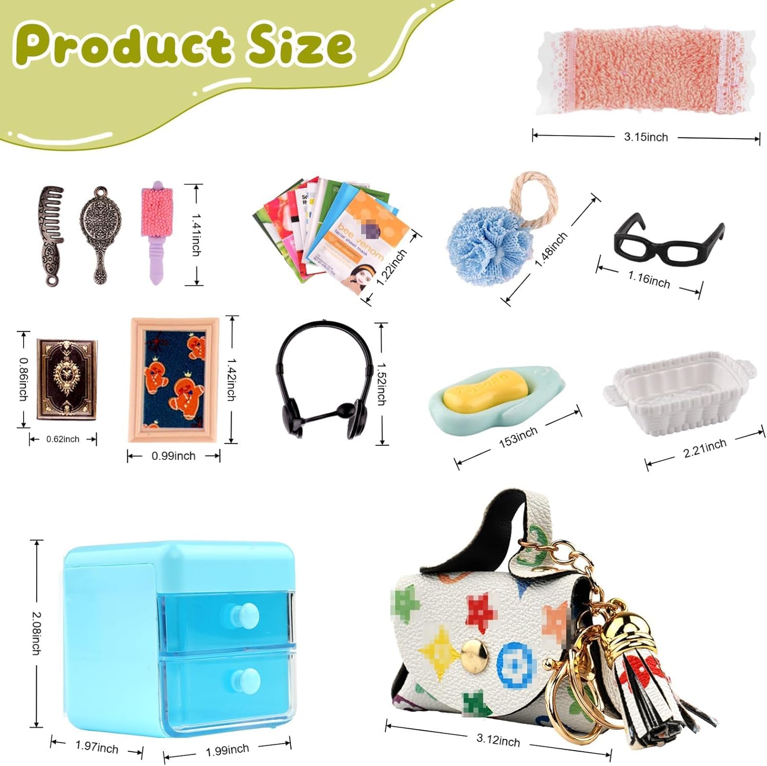 87Pcs Dollhouse Miniature Bathroom Accessories Cosmetic & Toilet Pretend Play Mini Makeup Set with Shampoo Perfume Hair Dryer Comb Purse Decor DIY Doll Backpack Glasses Photo Frame Salon Spa