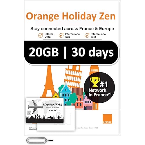 Orange Holiday Europe Prepaid Sim 20GB Internet Data | 30 Days-Use | Data tethering Allowed | 30min & 200 SMS from Europe to Any Country Worldwide+1 Sim Card Holder+1 Pin