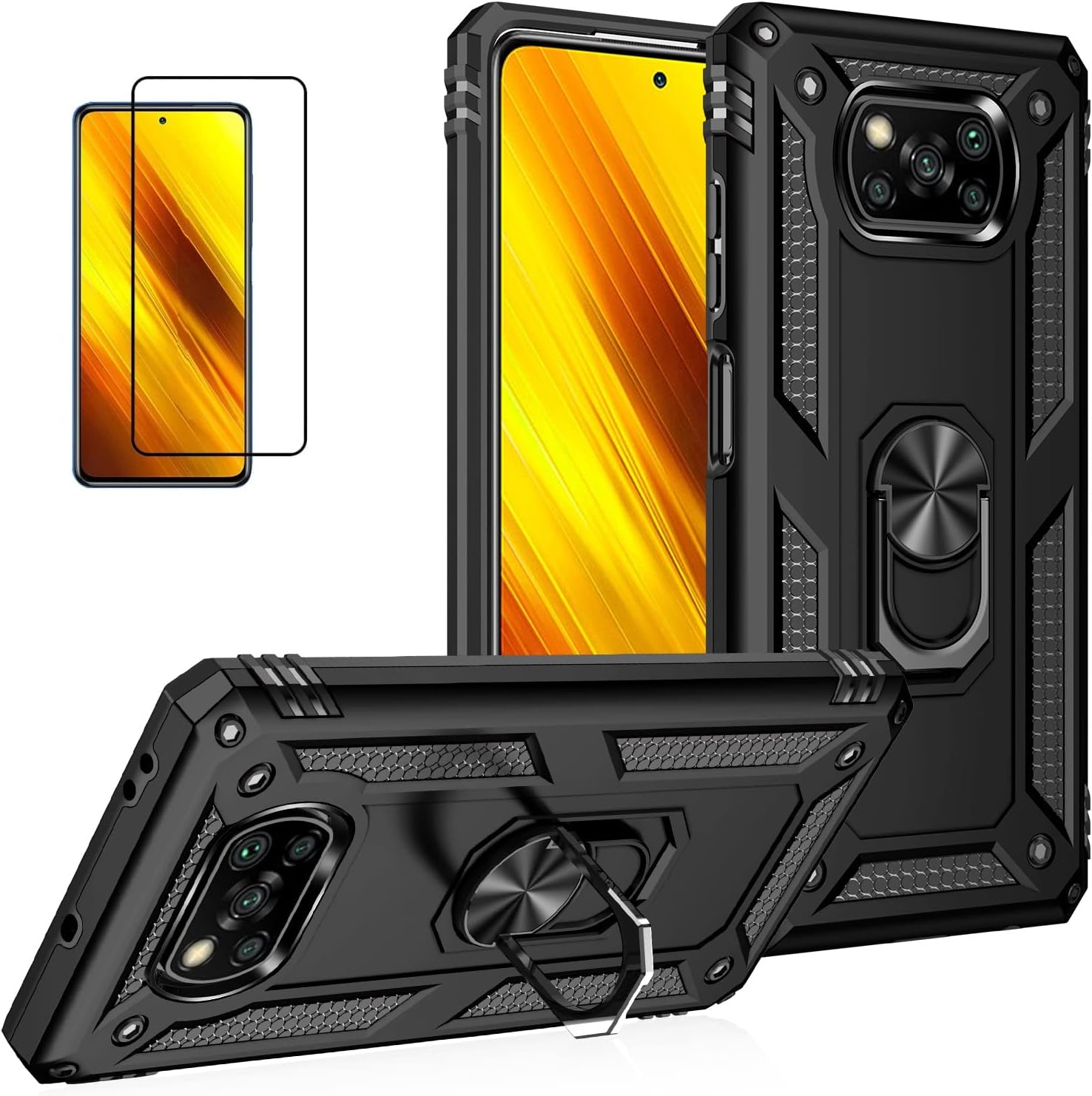 for Xiaomi POCO X3 NFC /X3 Pro Case with Screen Protector,Armor Military Protection Hybrid Heavy Duty Shockproof Defender Back Protective Cover Phone Case for POCO X3 with Ring Kickstand (Black)