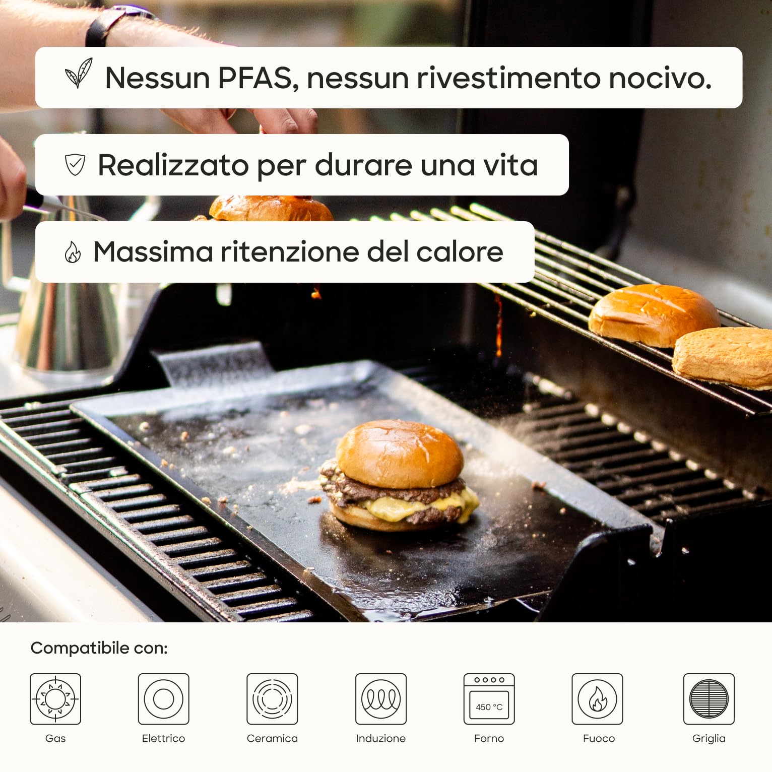 Gastrotools Piastra Grill Professionale in Acciaio al Carbonio (62 x 27 cm) – Massimo Controllo e Mantenimento del Calore – Antiaderente Senza PFAS – Adatta per Induzione, Gas, Forno e Barbecue