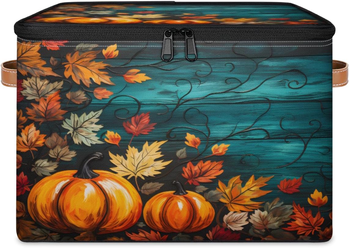 Storage Bin Set of 2 Maple Pumpkin Storage Basket with Zipper Lid & Handle Foldable Closet Shelf 2 Pack Cloth Organizer Basket Cube Bins Clothes Organizer for Nursery, Bedroom