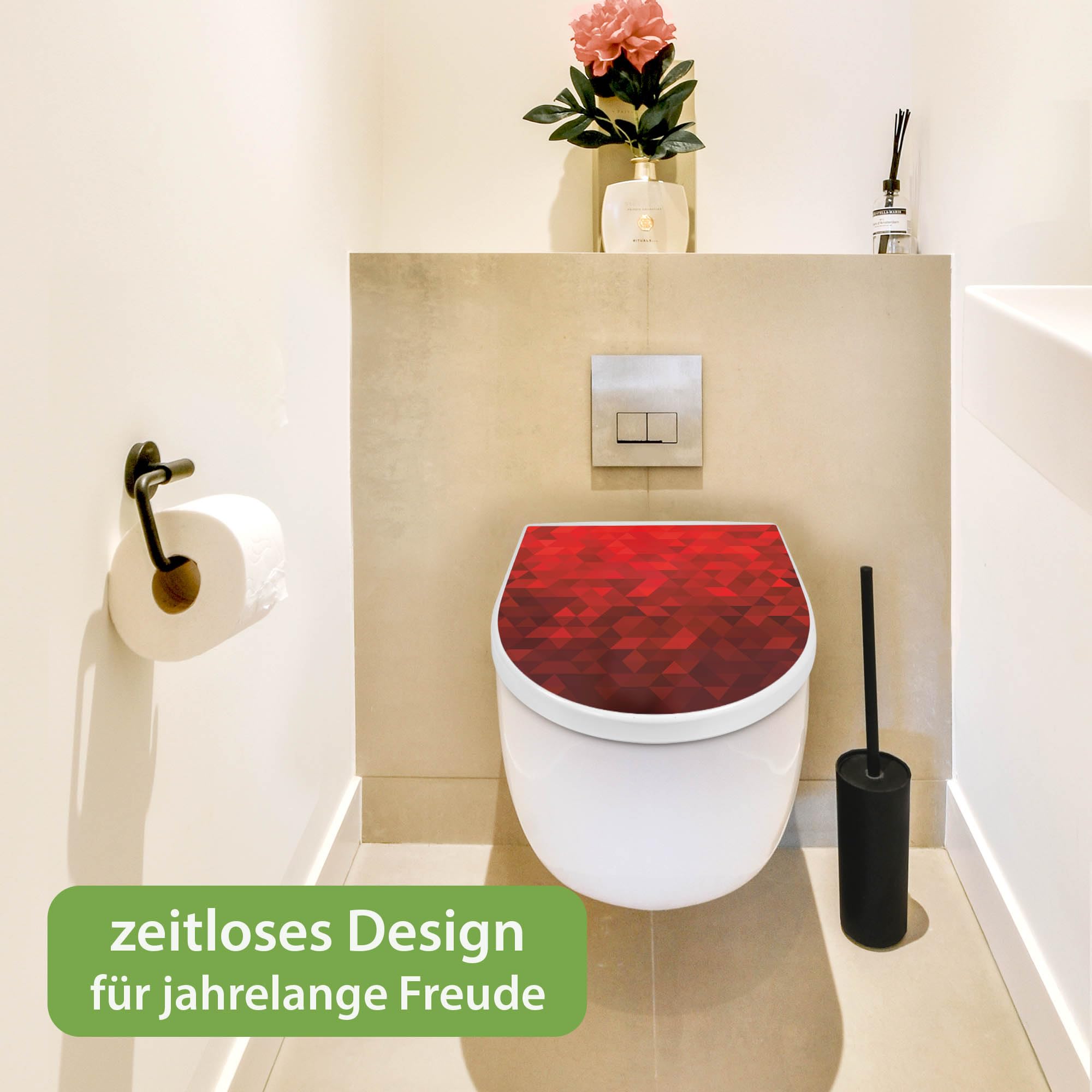 banjado WC Sitz mit Absenkautomatik D Form - Toilettendeckel mit Absenkautomatik D Form - Klodeckel Softclose - stabile Klobrille - Toilettensitz Weiß - Motiv Dreiecke Rot