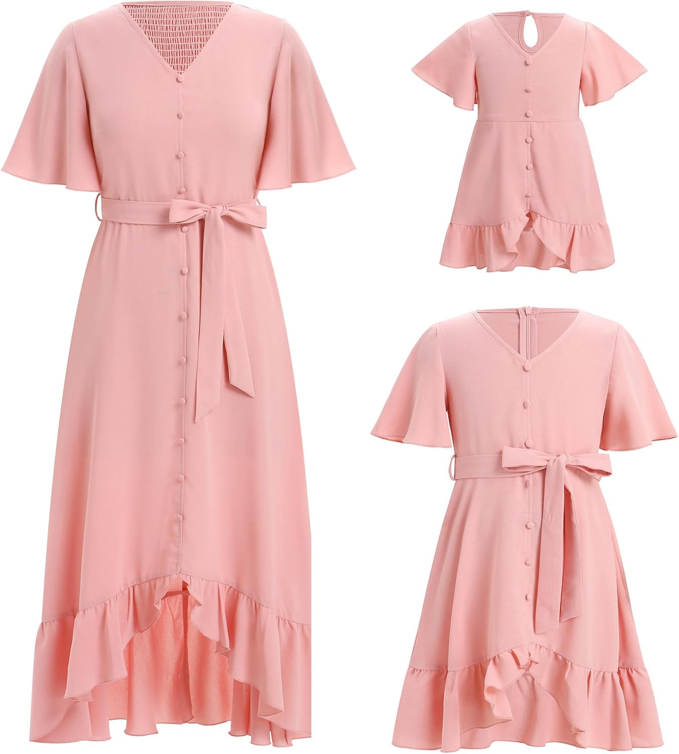 AWIBMK Boho Mommy and Me Dress Summer Holiday Casual Ruffle Sleeve V-Neck Midi A-Line High Low Dresses with Belt