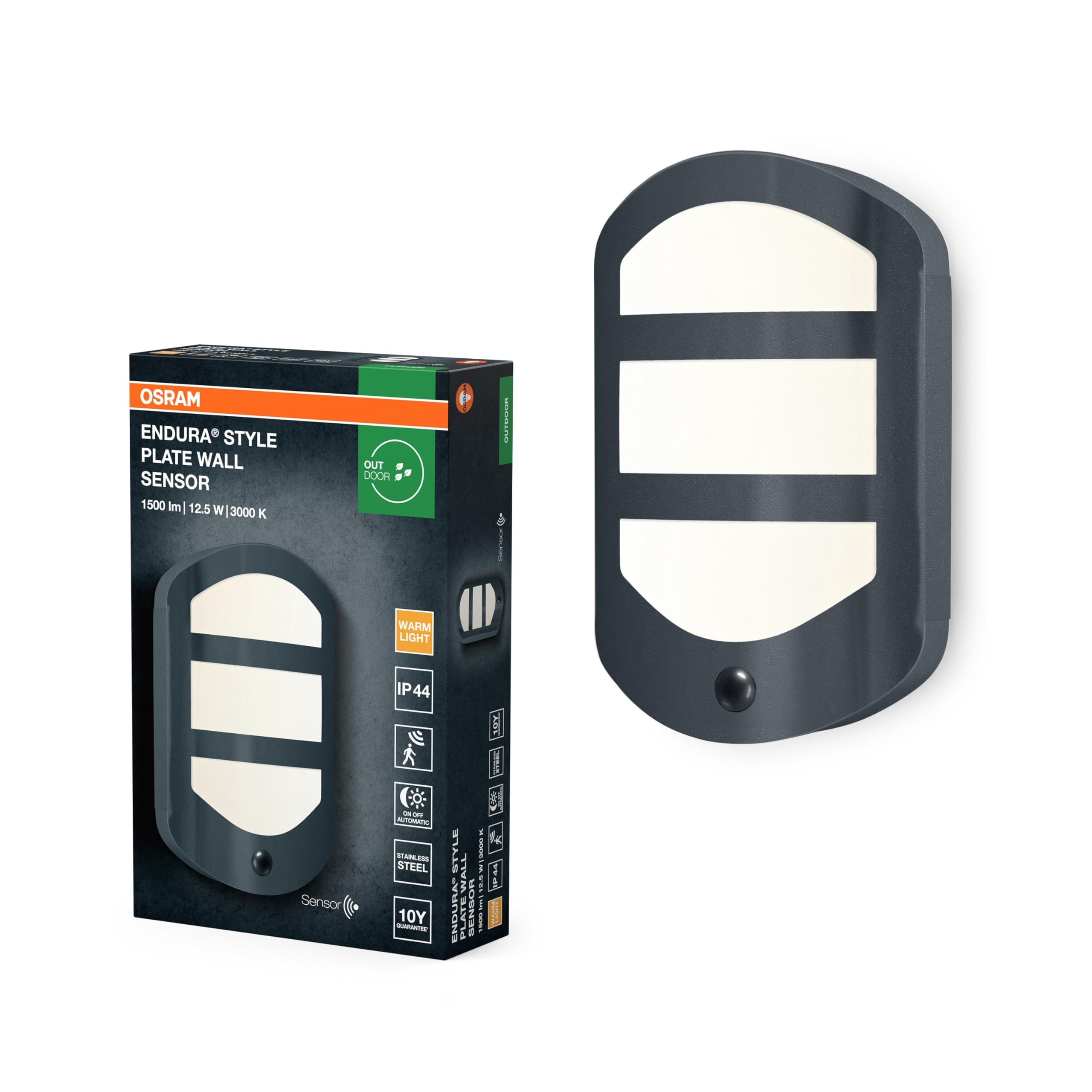 OSRAM ENDURA STYLE PLATE Wall Sensor, zewnętrzna lampa ścienna ciemnoszara, 12,5W, 630lm, 3000K, IP44, czujnik ruchu