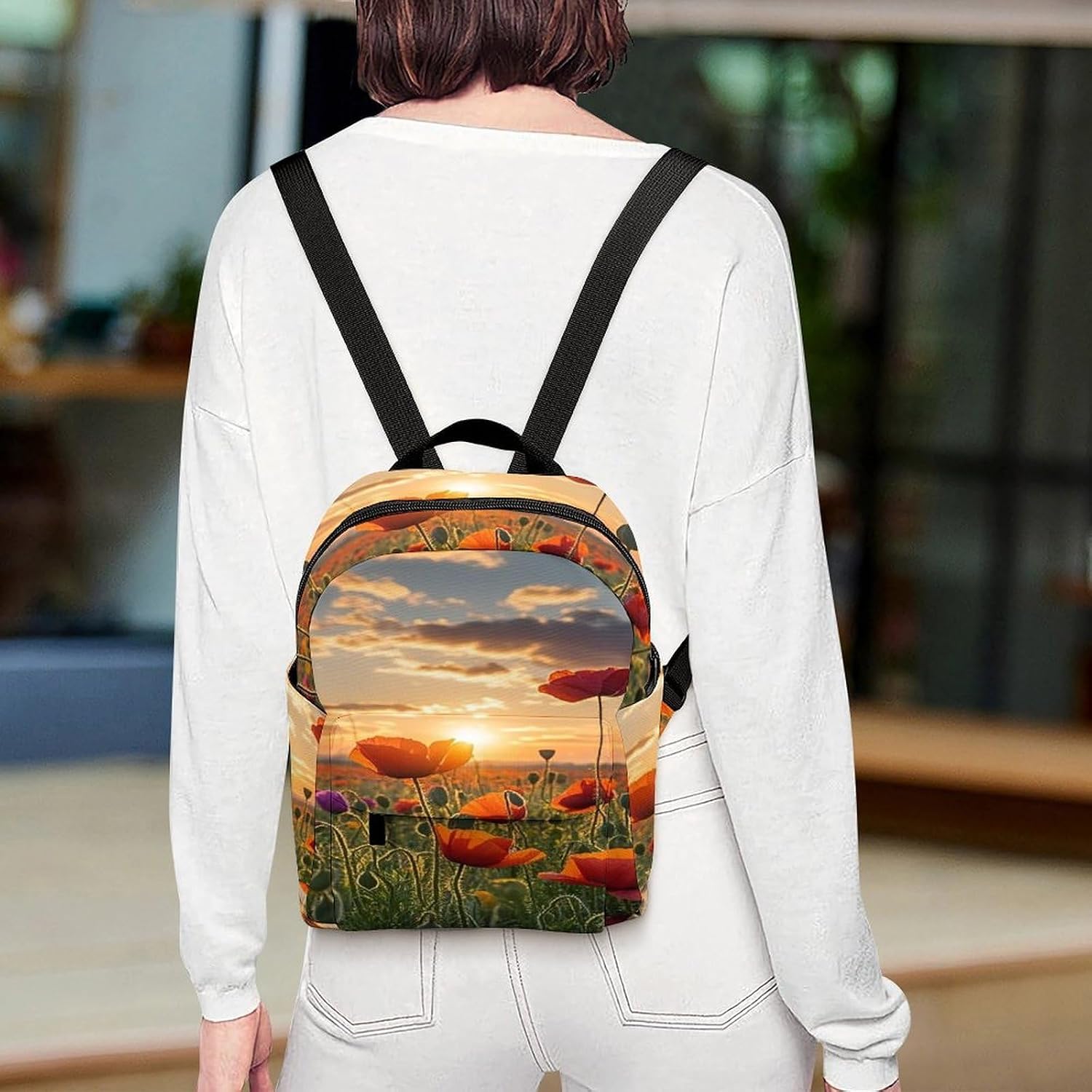 Red Poppy Flower Mini Backpack Purse for Women | Waterproof durable oxford cloth casual daypack, lightweight small rucksack for work travel outdoor camping daily use & gift