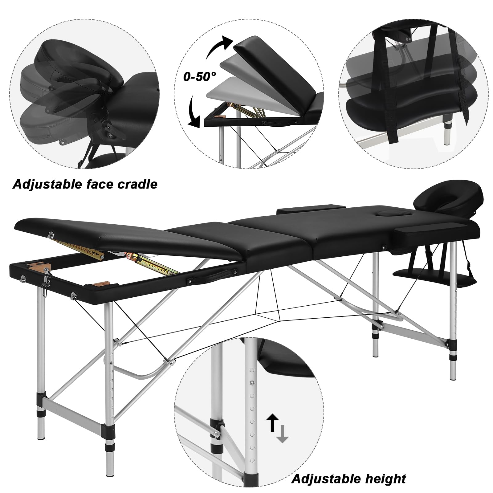 Lettino per Estetista Regolabile a 3 Zone, Lettino da Massaggio Portatile, Lettino Pieghevole per Fisioterapia, con Poggiatesta, Braccioli, Poggiabraccia, Custodia, Telaio in Alluminio, Nero