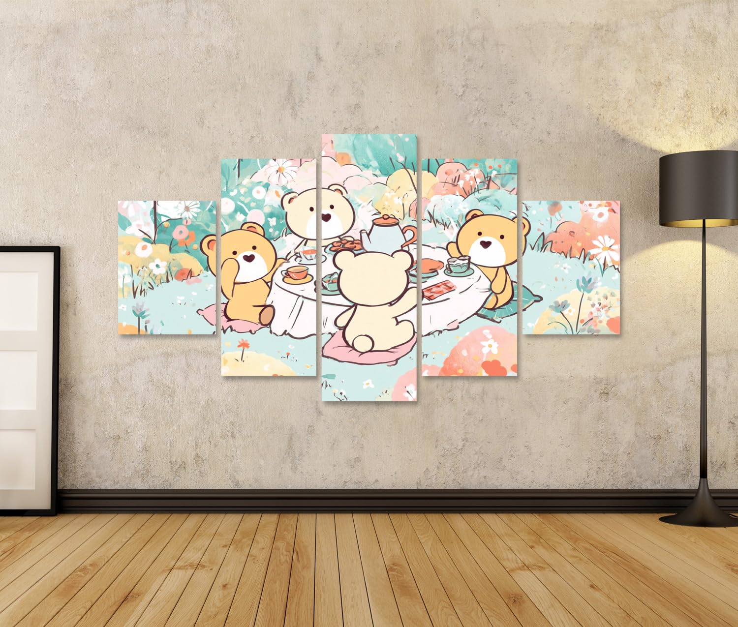 islandburner Bild auf Leinwand Verspielte Teddybären-Teeparty Wandbild Kinderzimmer für kleine Entdecker - 5-teilig - Edition Q1