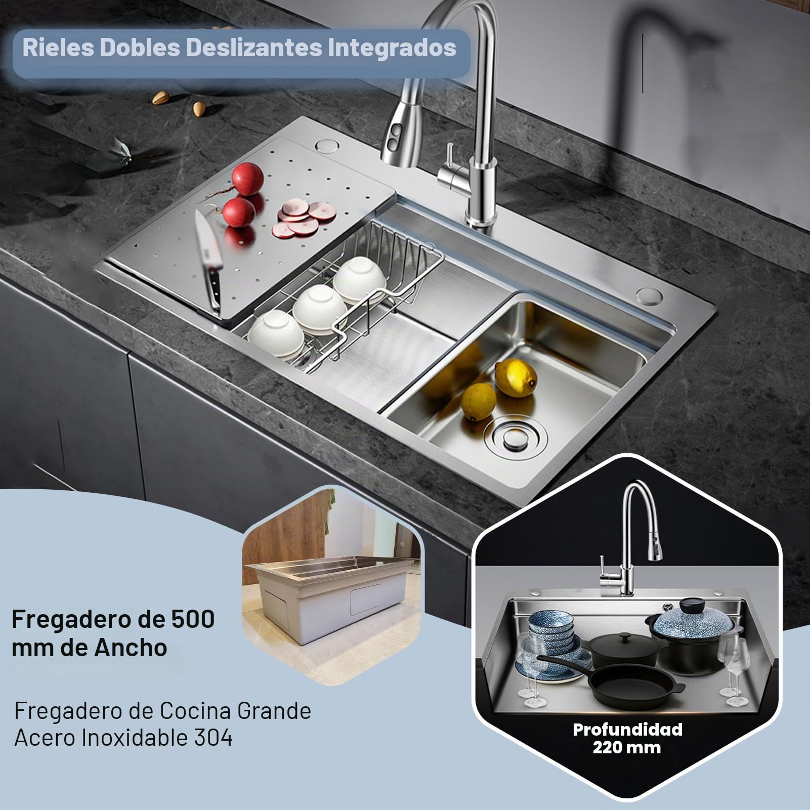 80x50CM Fregadero de cocina negro de acero inoxidable 304SUS, fregadero empotrable de 1 seno, fregadero de cocina de acero inoxidable rectangular, con escurridor, kit de desagüe y kit de