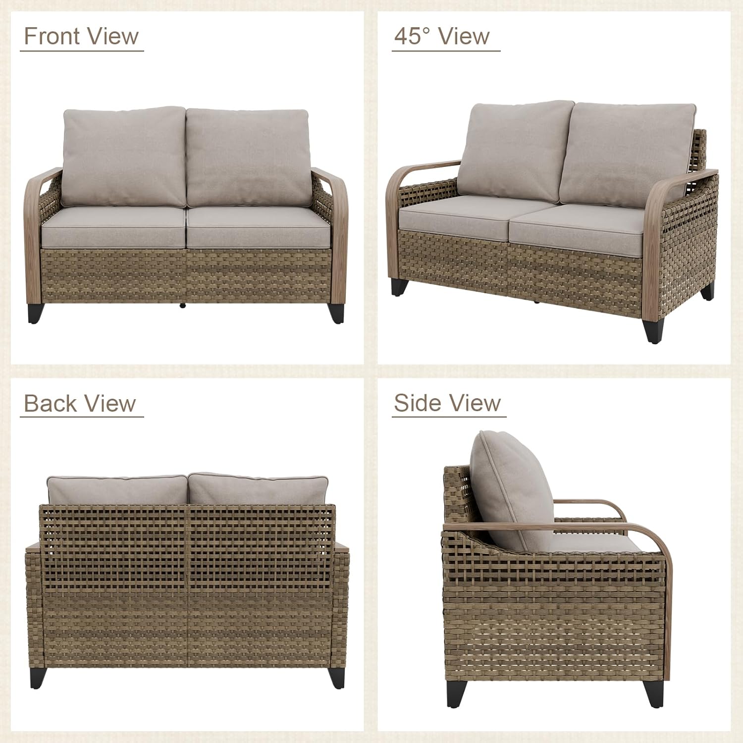 Modern Wicker Patio Sofa, Rattan Outdoor Loveseat Sofa, Small Balcony Furniture, 2 Seat Loveseat, Brown/Gray