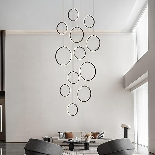 Miniatura 4 de Candelabro moderno LED moderno de techo alto grande con control remoto de 12 anillos, lámpara de araña negra de altura ajustable para escaleras,