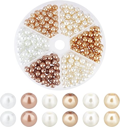 PH PandaHall 300 perlas de vidrio de 0.236 pulgadas, 6 estilos de perlas para manualidades, perlas de vidrio perlado, color blanco, dorado, cuentas