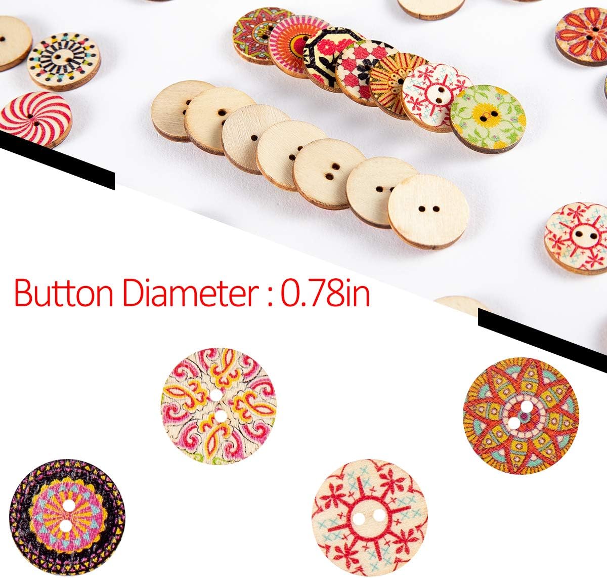 Biubee 200 pcs Wooden Buttons Mixed Color Pattern 2 Holes Wood Buttons for Sewing Art Craft DIY Suppliers 20mm