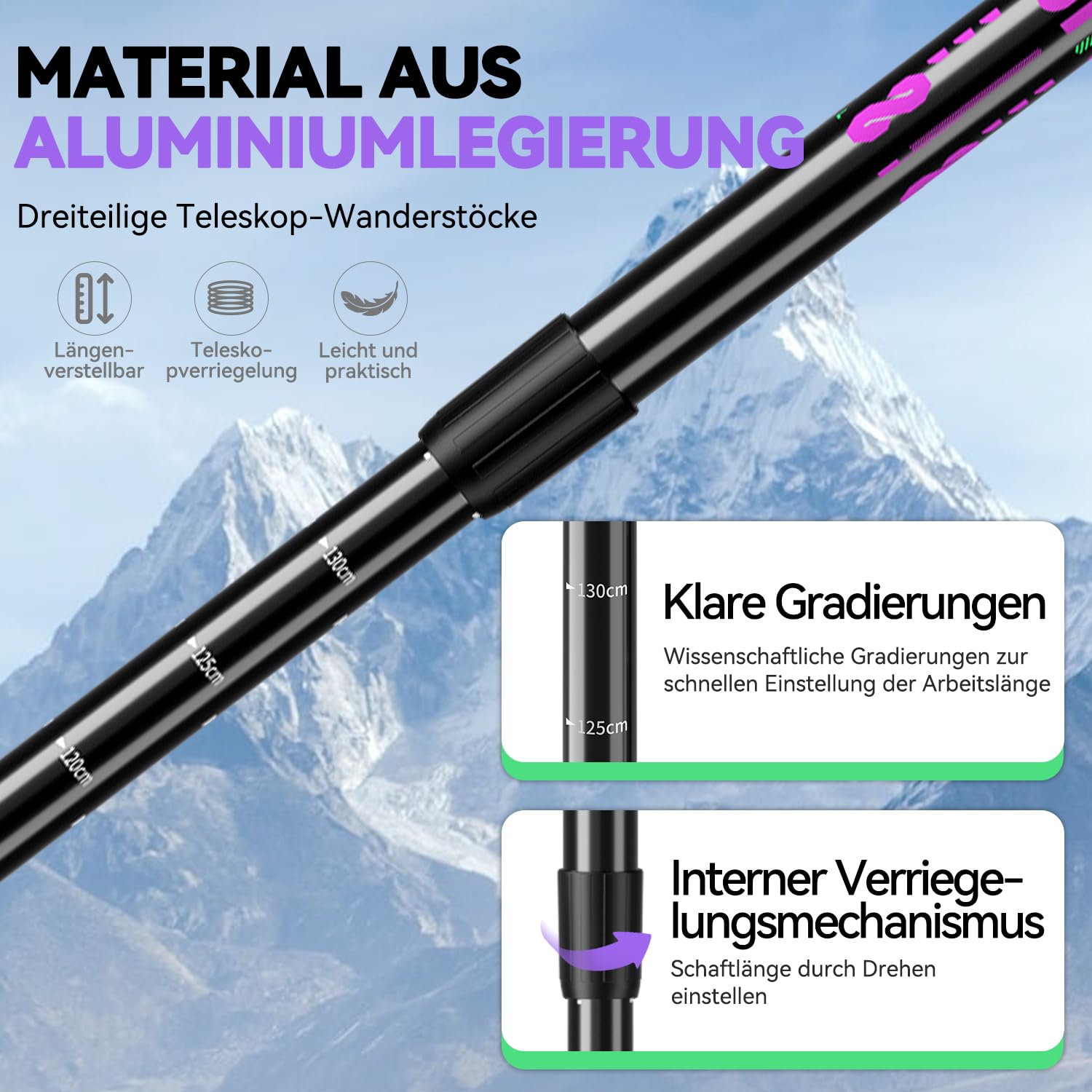 DOBESTS Teleskop-Wanderstöcke 2 Stück, Nordic-Walking-Stöcke 65-135 cm