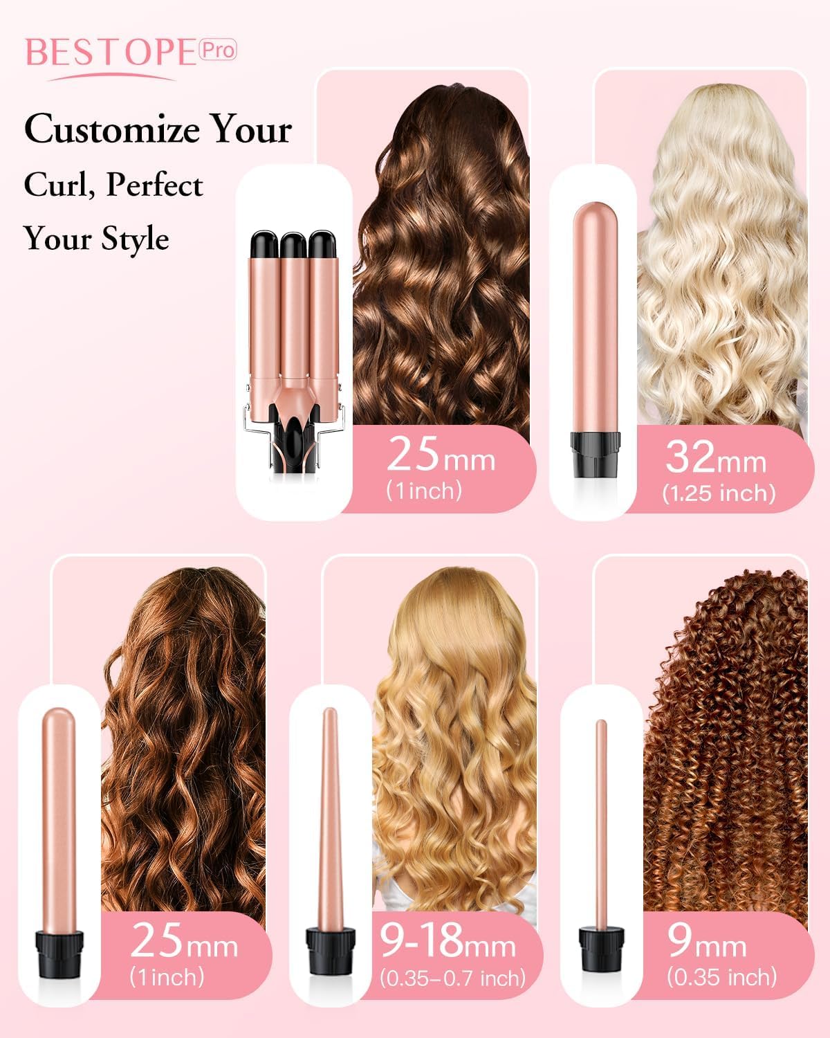 BESTOPE PRO Rizador de Pelo 5 en 1 con 3 Barriles Intercambiables – Ondas Grandes, Calentamiento Rápido, Ajuste de Temperatura, Tecnología Iónica, Guante Térmico y 2 Pinzas – Oro Rosa