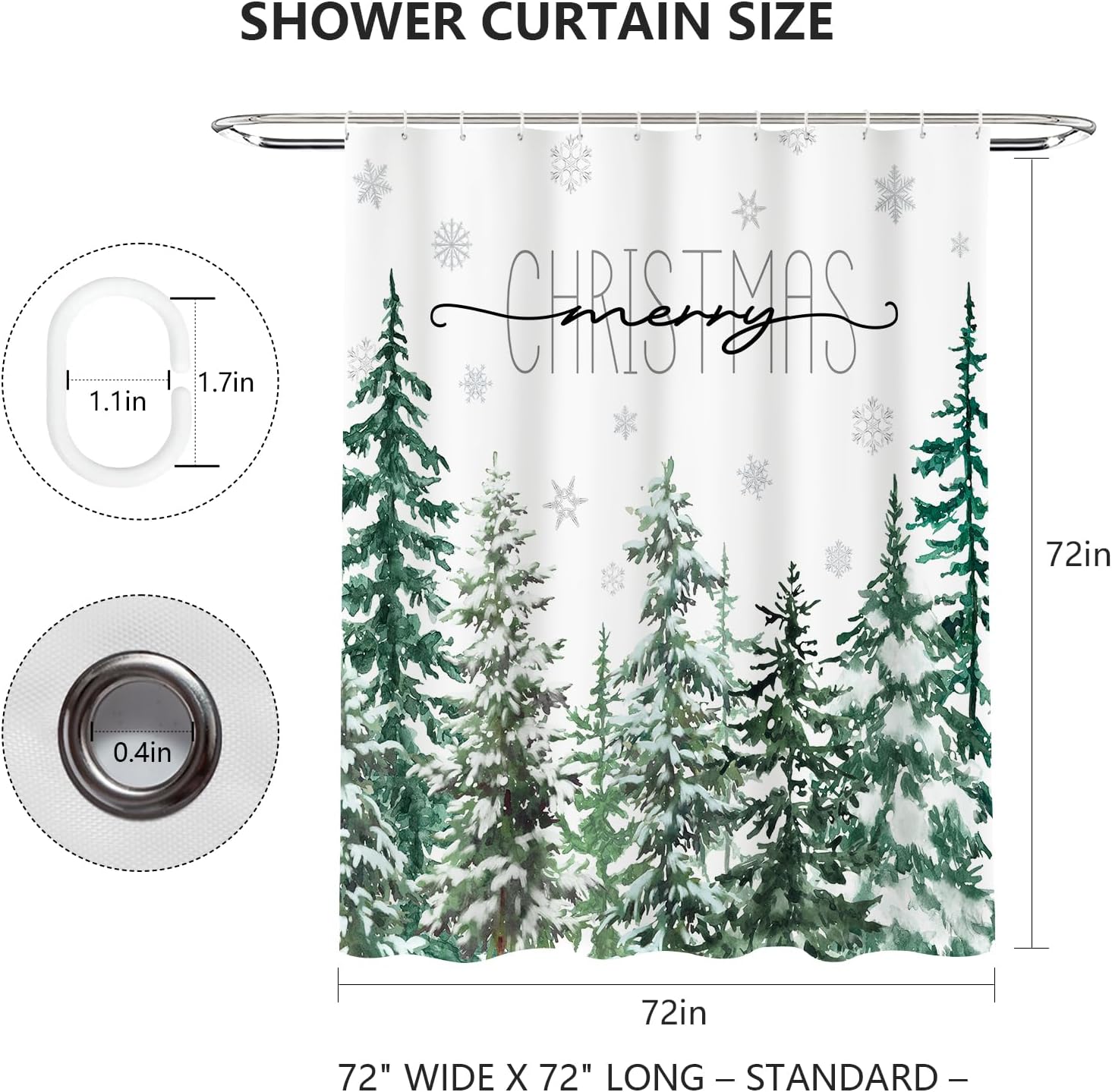 MEHOFOND Merry Christmas Shower Curtain,Winter Pine Green Tree Snowflake Farmhouse Shower Curtain,Merry Xmas Grey Snowflake White Snow Landscape Holiday Bathroom Decor Curtains with 12 Hooks,72x72 in