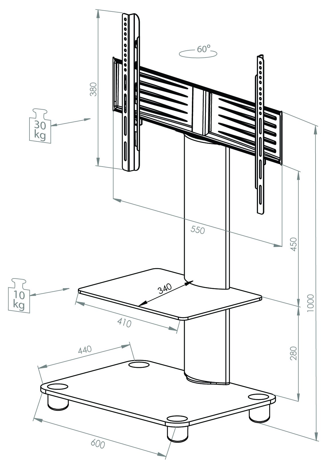 VCM Bilano Silber - Soporte Vertical de TV, con estantes, Ruedas Incluidas, Cristal Opaco