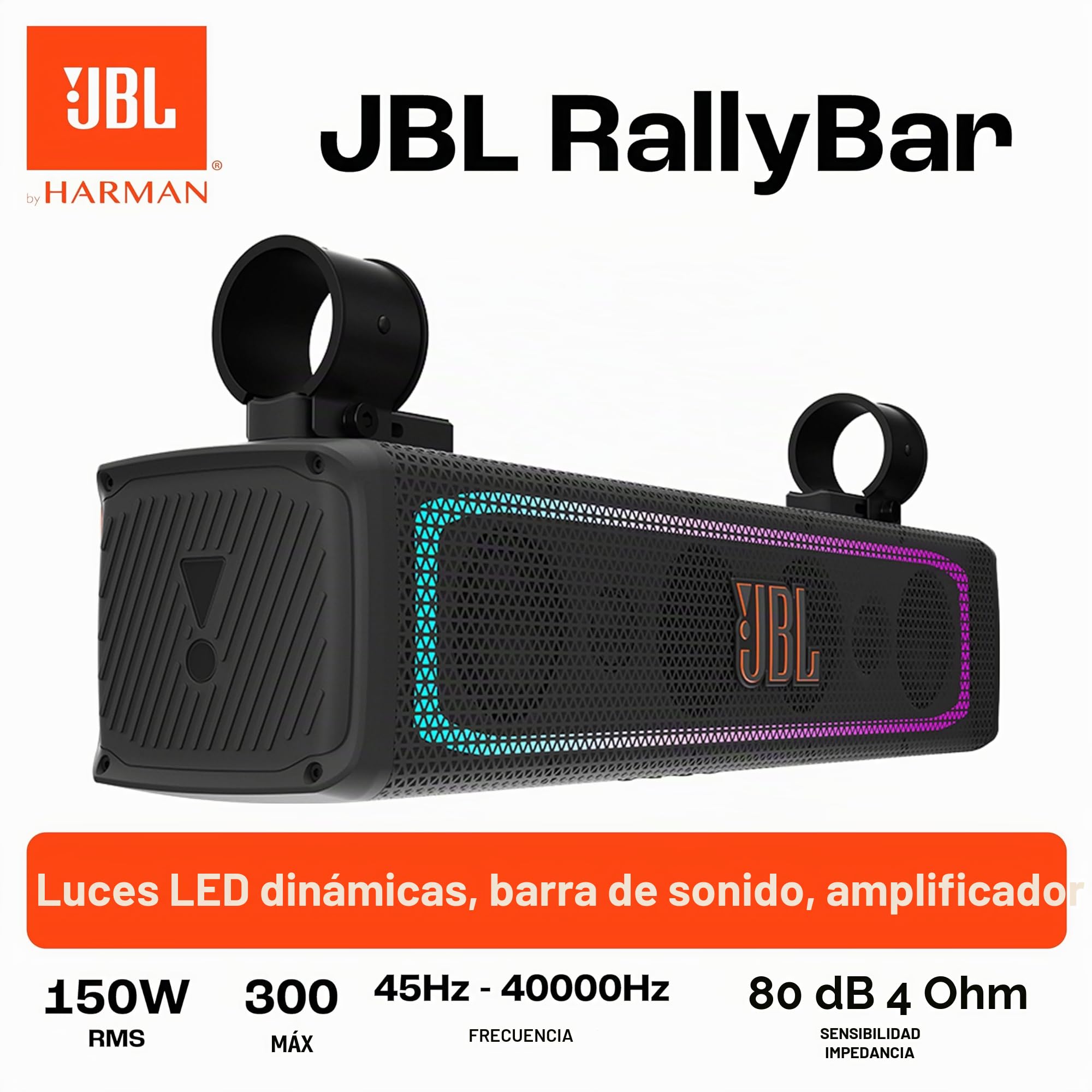 JBL RALLYBAR Barra de Sonido Exterior 21 Pulgadas con 150W RMS y 300W Peak Bluetooth 5.3 IP66 Resistente al Agua Luces LED Ideal para UTVs Barcos y vehículos recreativos Sonido Claro y Potente