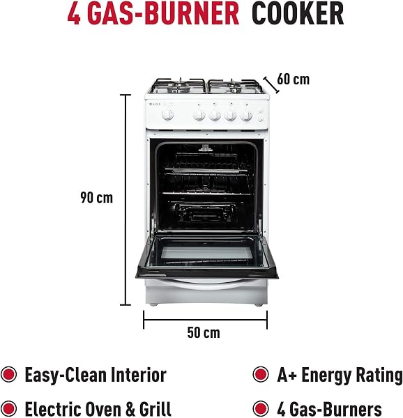 Haden 50cm Gas Cooker - White Freestanding Gas Cooker with 4-Burner Hob, Conventional Oven & Grill - Compact, Safe & Efficient Cooking Solution - LPG Conversion Kit Included - 2