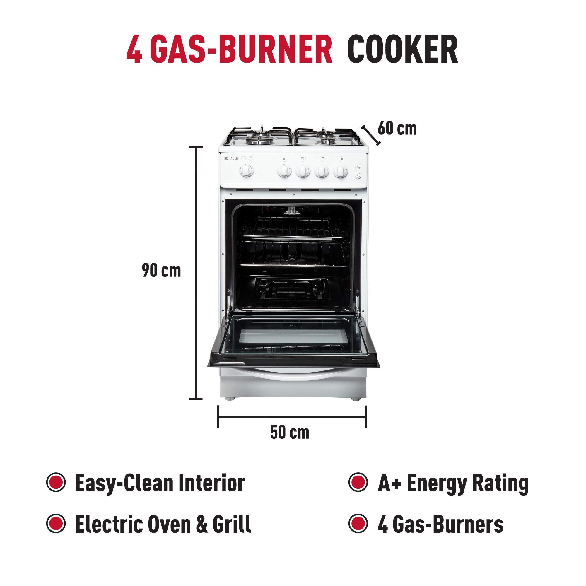 Haden 50cm Gas Cooker - White Freestanding Gas Cooker with 4-Burner Hob, Conventional Oven & Grill - Compact, Safe & Efficient Cooking Solution - LPG Conversion Kit Included — view 2