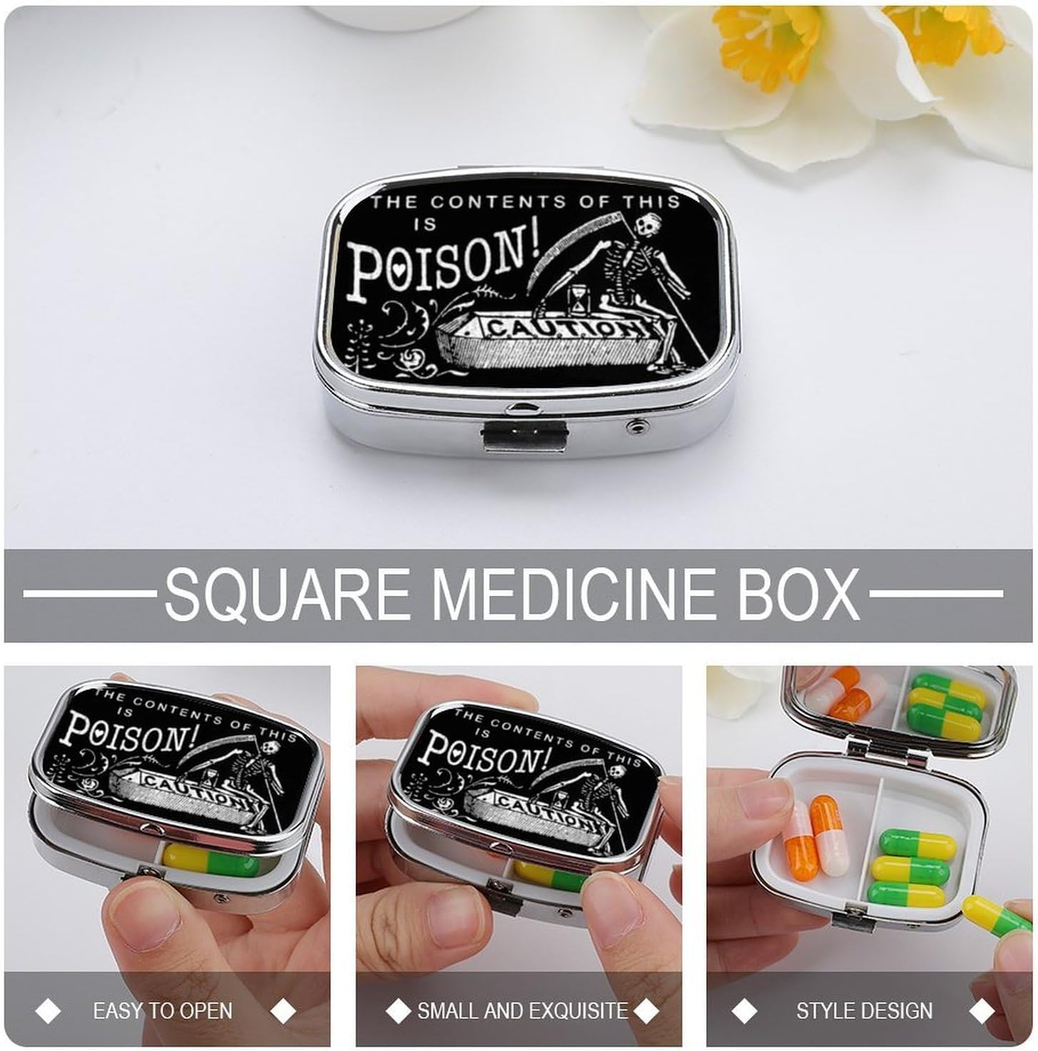 Metal 2 Compartment Pill Organizer Travel Friendly Portable Compact Pill Box Cute Pill Case to Hold Vitamins,Fish Oil,Supplements,Meds,Tablet for Purse,Pocket. (Black Scythe)